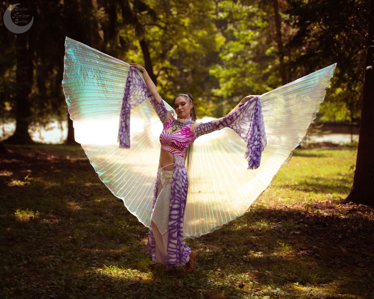 Iridescent fairy wings spread wide against dark forest background creating magical woodland scene.