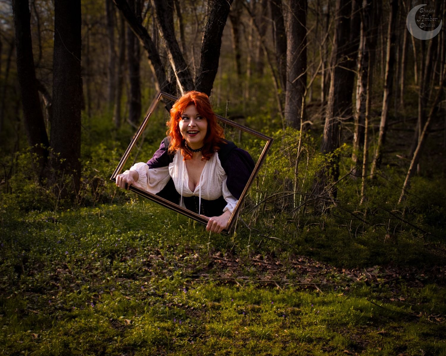 A vintage swing hangs from mossy trees in a mystical forest setting during golden hour.