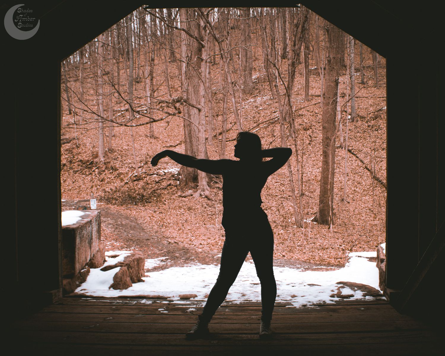 Silhouette stands with arms outstretched in covered bridge entrance framing snowy forest.