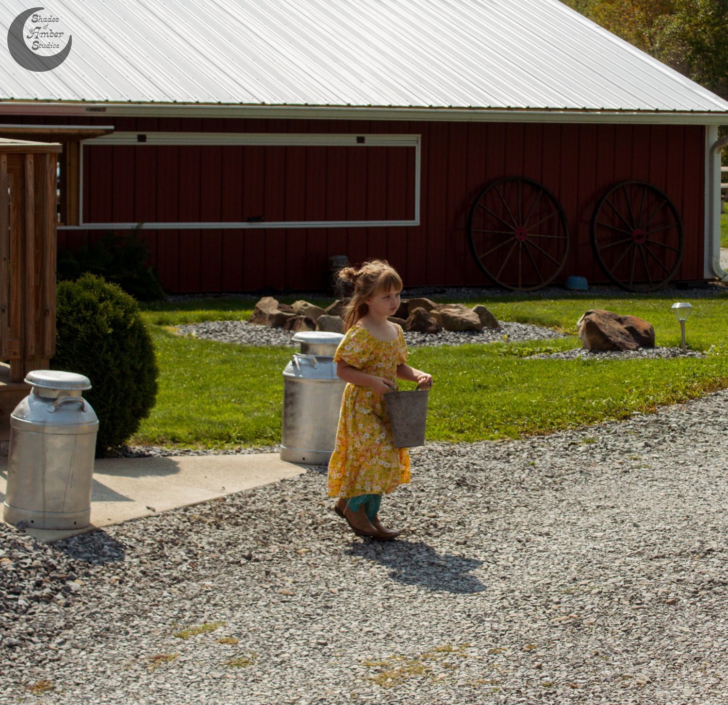 Charming country barn scene with milk cans on a gravel path.