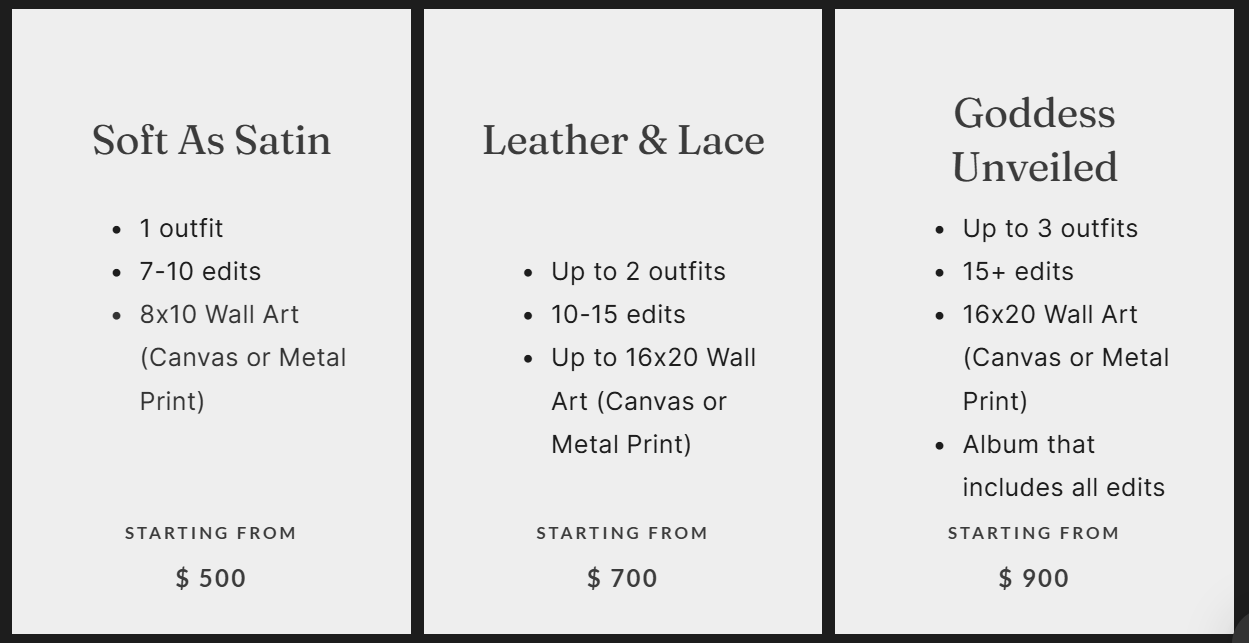 A horizontal row of minimalist text boxes showing various package options and pricing details.