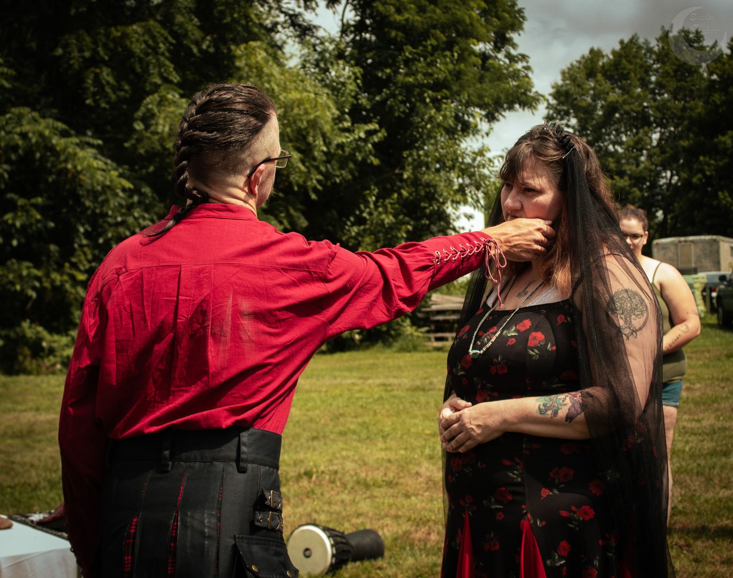 Five connected images show couples dancing in a romantic outdoor setting with green trees and grass in the background.
