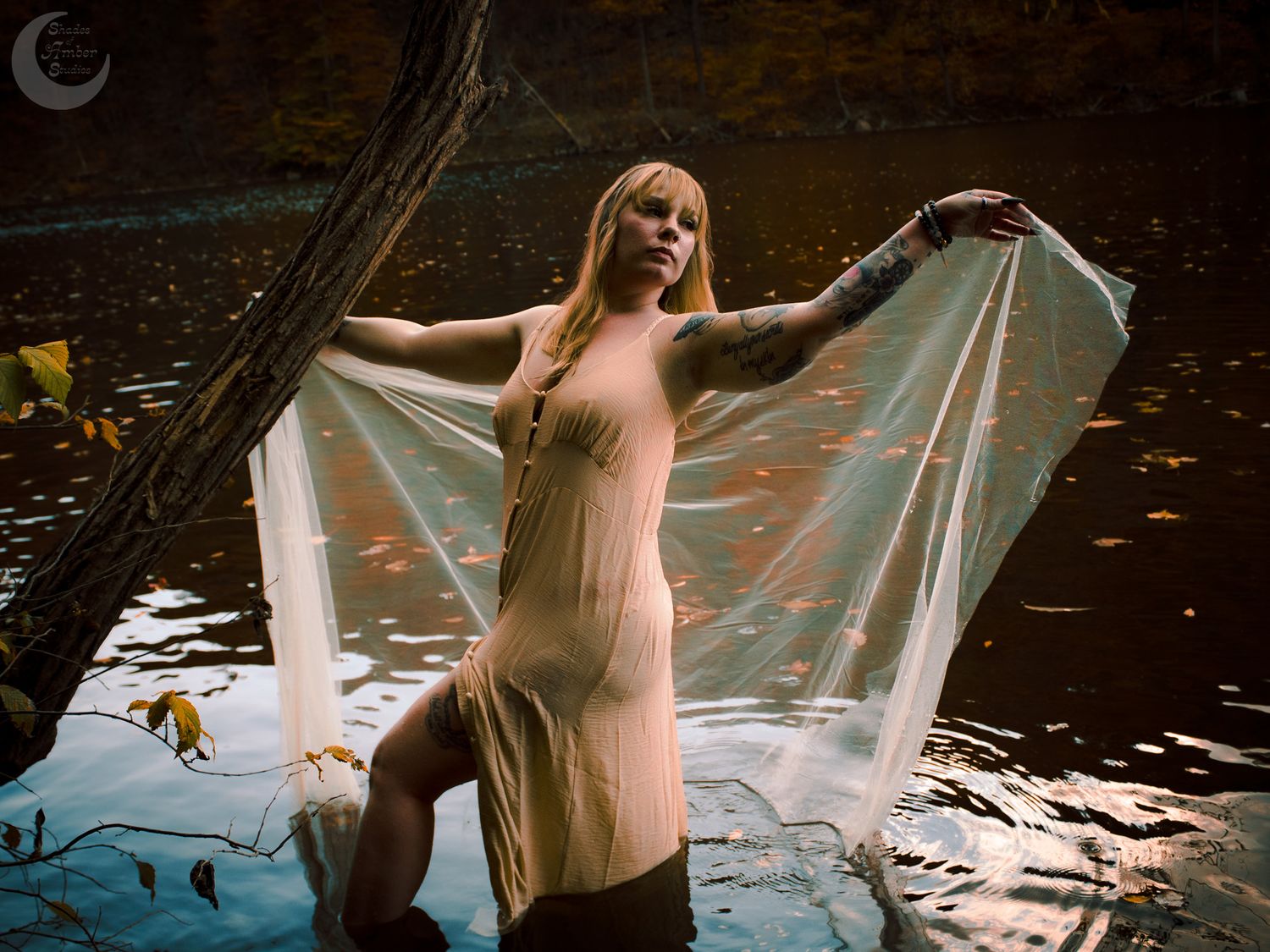 Artistic water photoshoot featuring flowing sheer fabric and rippling reflections in a dark pond.