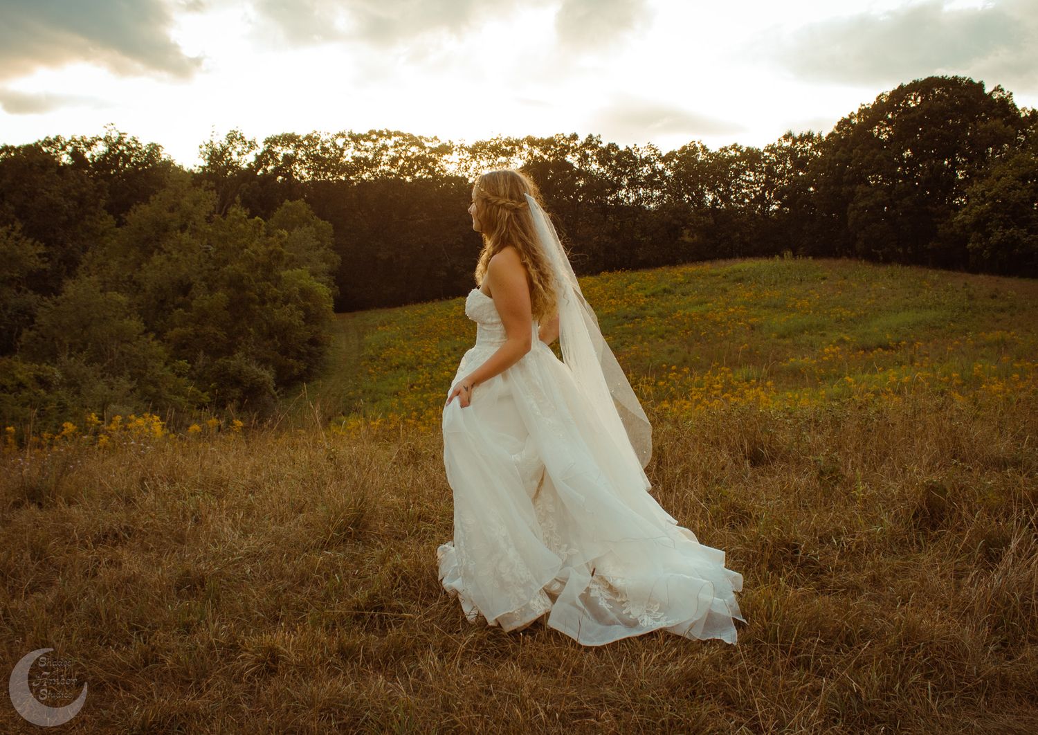 Panoramic view of a couple celebrating their wedding in a golden meadow at dusk.