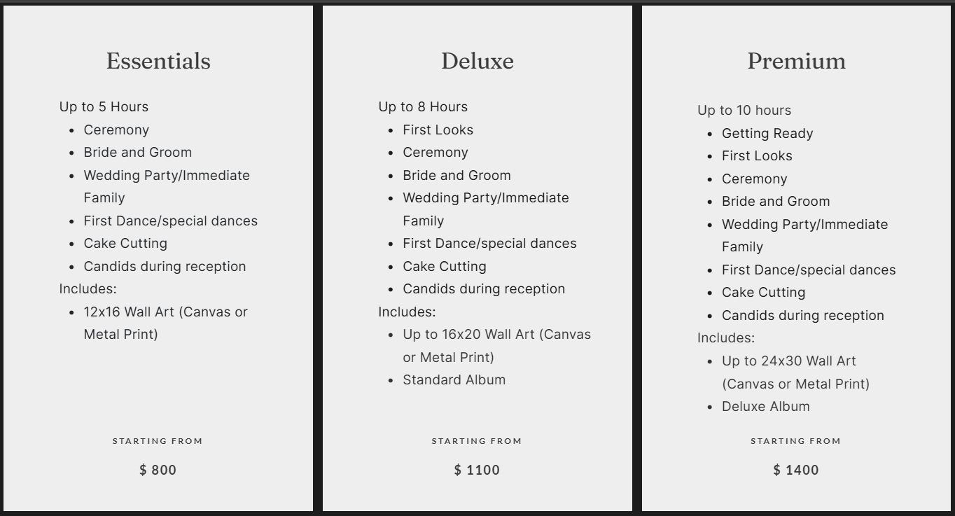 A pricing comparison table showing three tiers - Essentials, Deluxe, and Premium with feature lists and pricing details.
