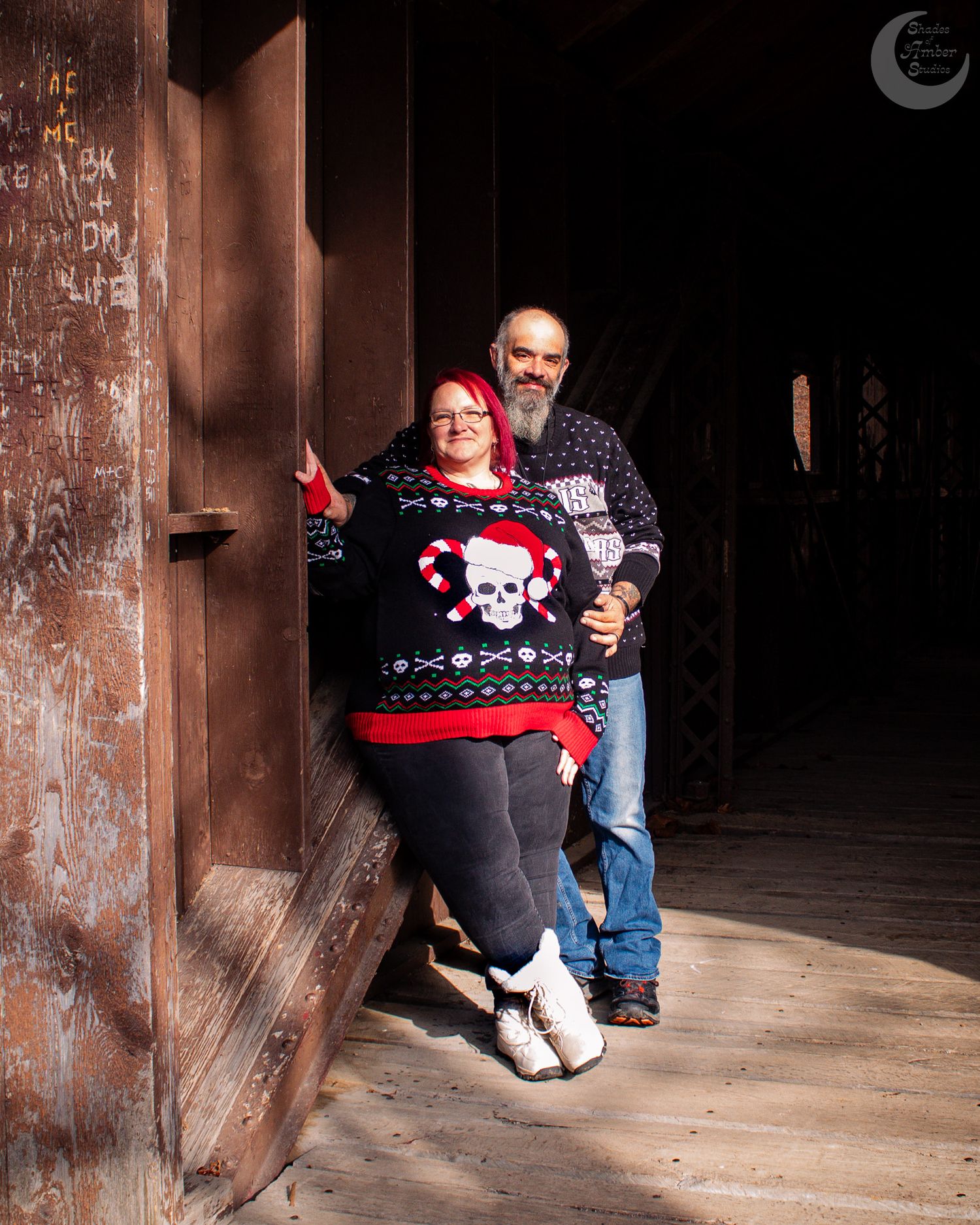 A sequence of photos showing someone sitting in a dark wooden corridor wearing a festive Christmas sweater.