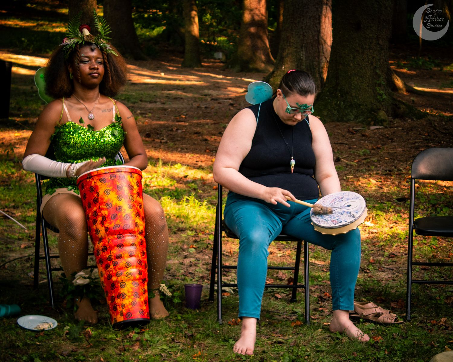 A collage of five side-by-side cropped images showing people sitting outdoors in casual summer attire.