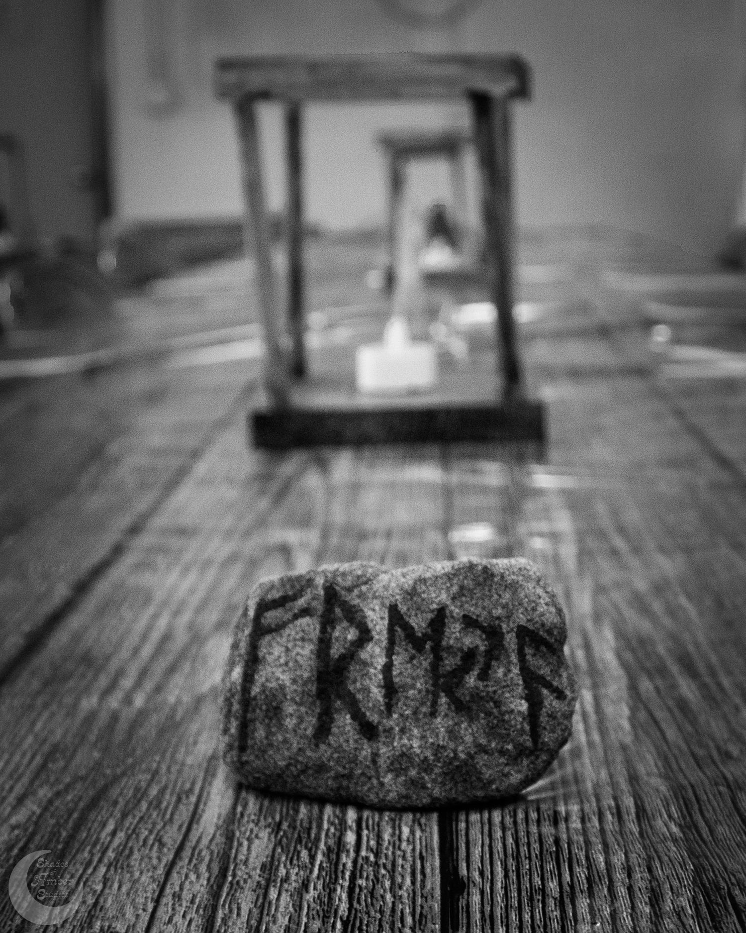 Close-up view of wooden letter blocks with text in black and white monochromatic style.