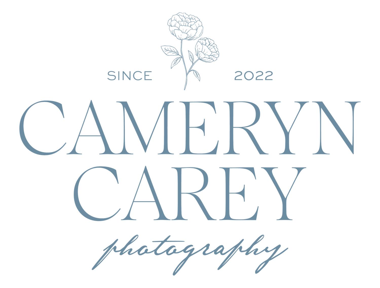 Cameryn Carey Photography logo featuring elegant blue typography, floral illustration, and cursive script on white background.