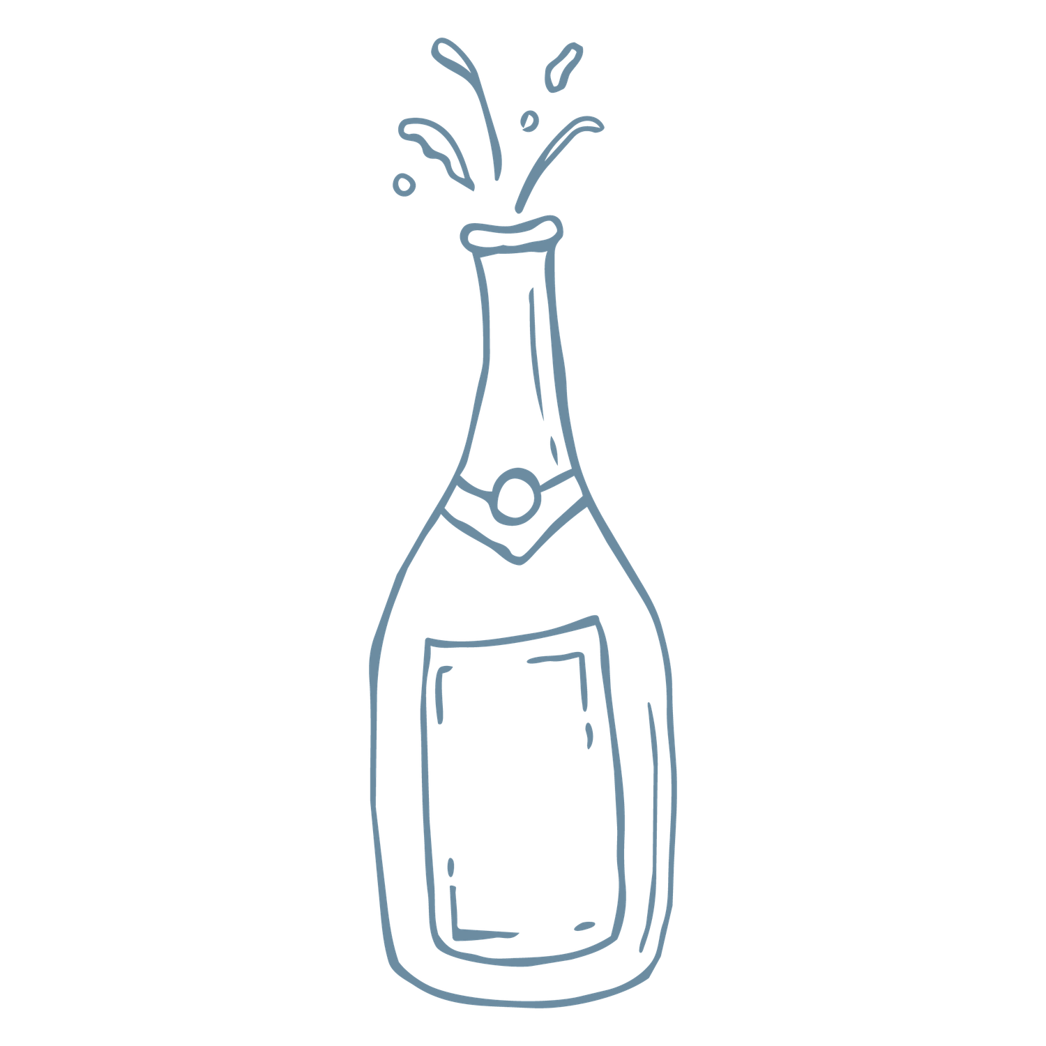 Hand-drawn doodle of a champagne bottle popping with bubbles and splashing liquid in blue sketch style.