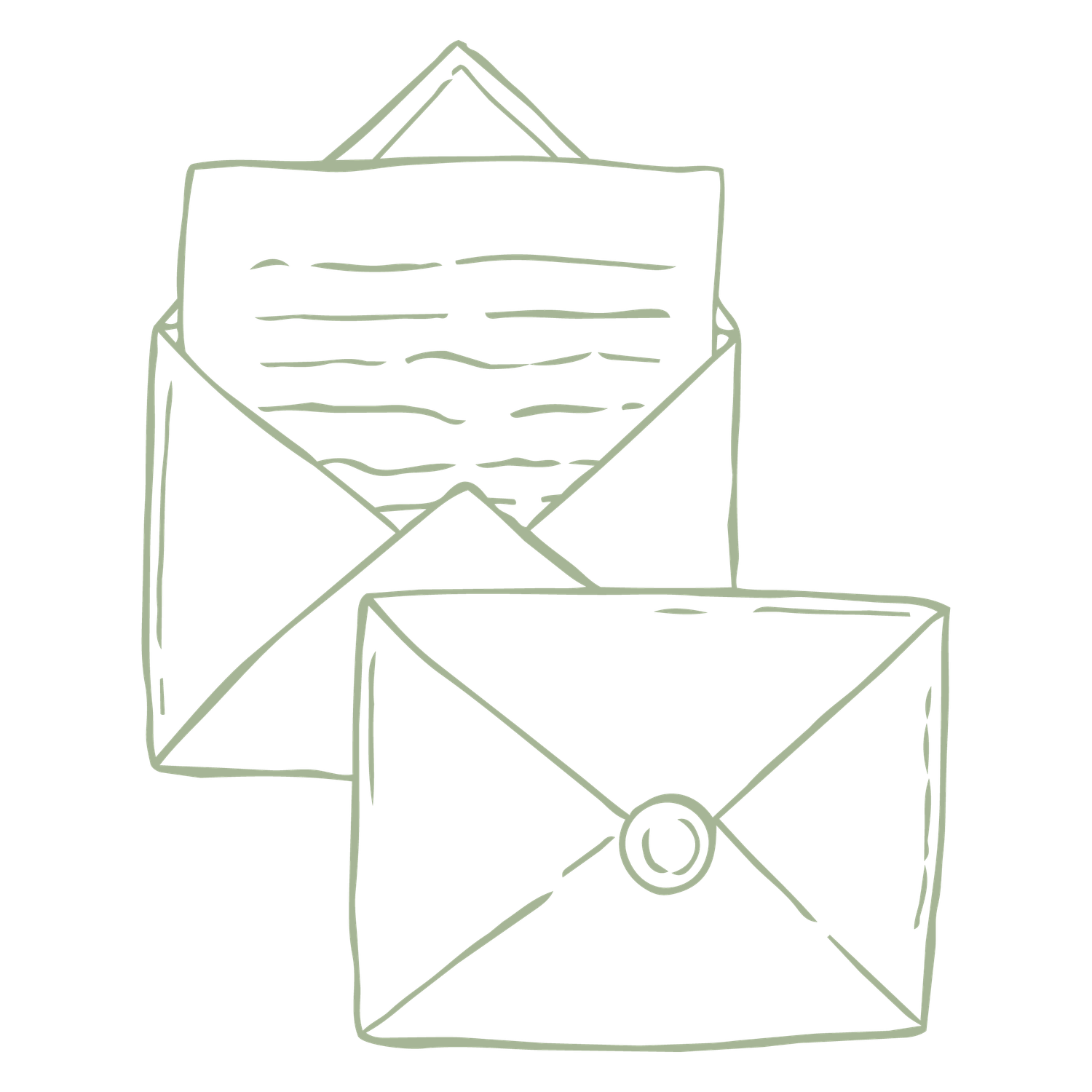 Hand-drawn sketch of two envelopes, one open with a letter inside, in soft green ink.