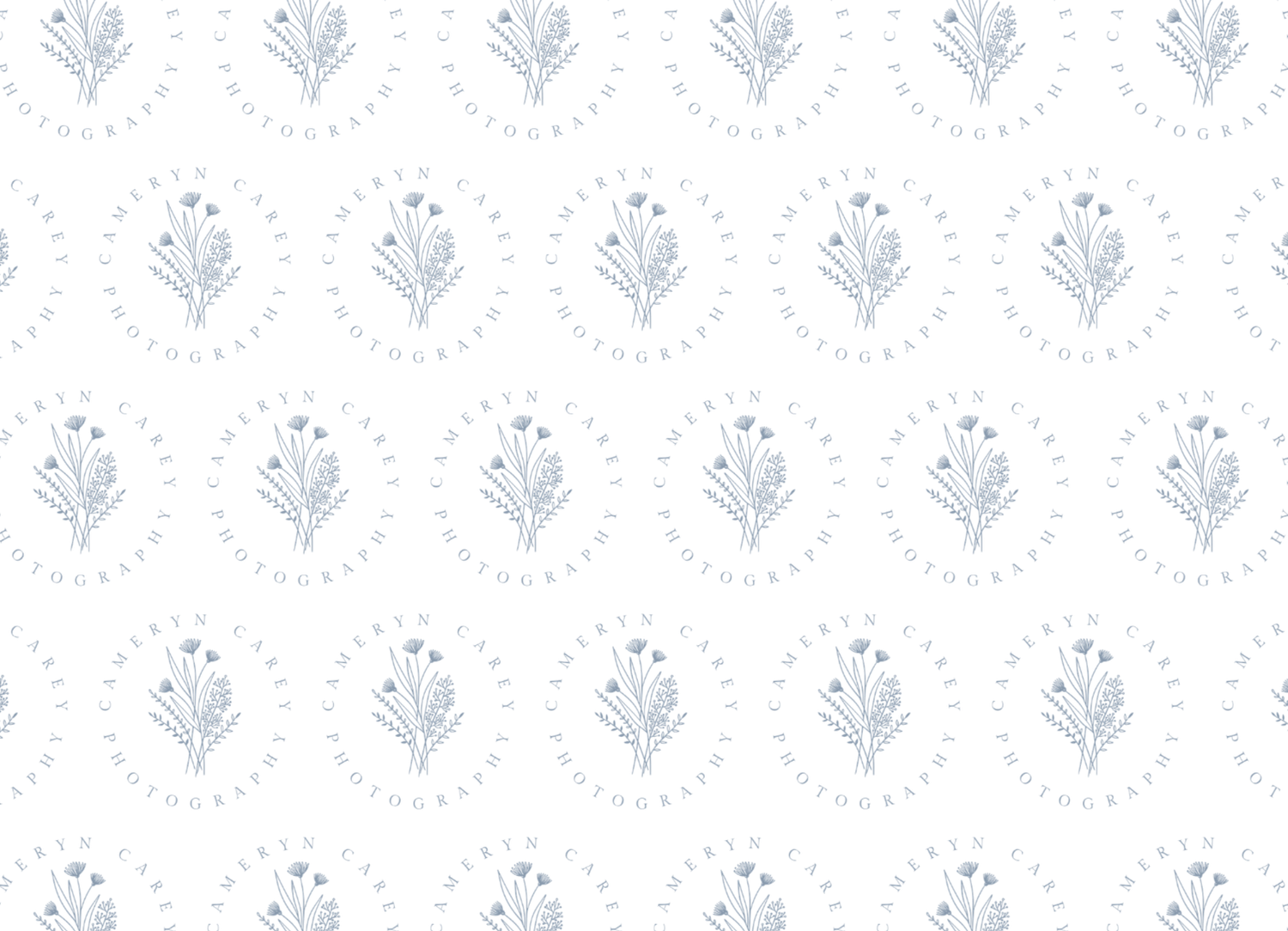 Delicate blue floral botanical pattern on white background with dotted circle frames, elegant repeating wallpaper design.