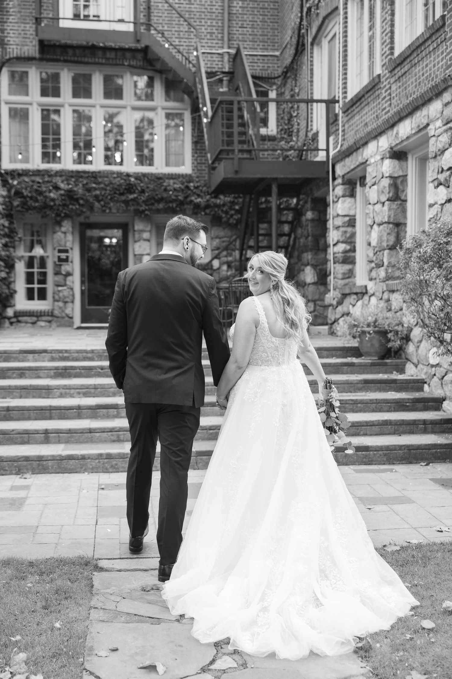A sequence of romantic wedding photos showing a couple walking together on brick pathways.