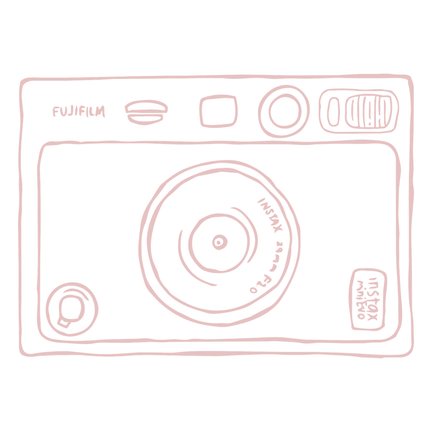 Minimalist pink line drawing of a Fujifilm Instax Mini instant camera on white background.