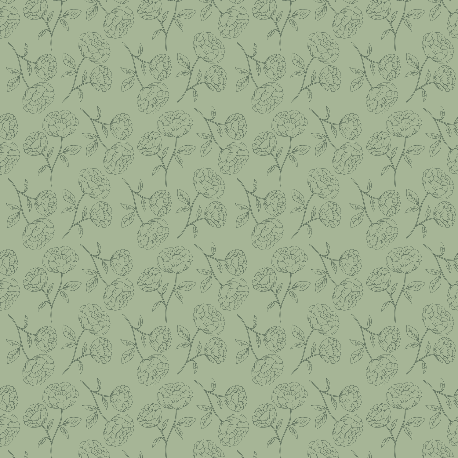 Seamless sage green floral pattern with delicate rose outline illustrations on a soft muted green background.