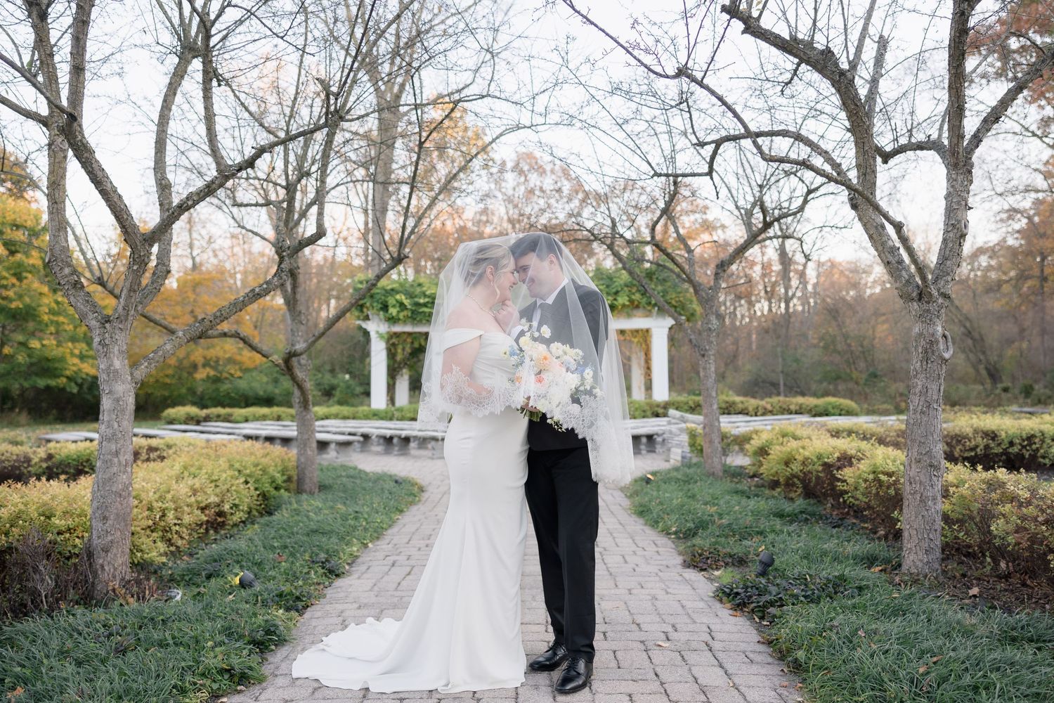Dreamy wedding photo with couple under veil on brick pathway surrounded by bare trees.