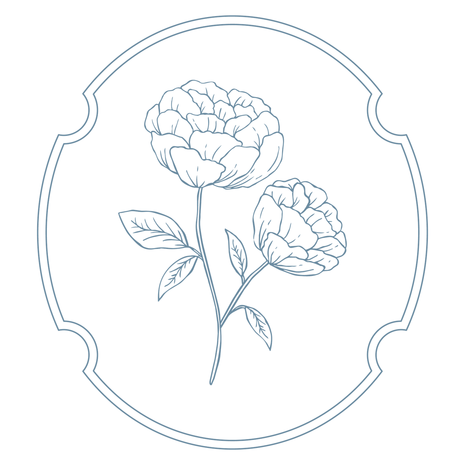 Elegant blue line art illustration of two peony flowers with leaves in a decorative vintage frame border.