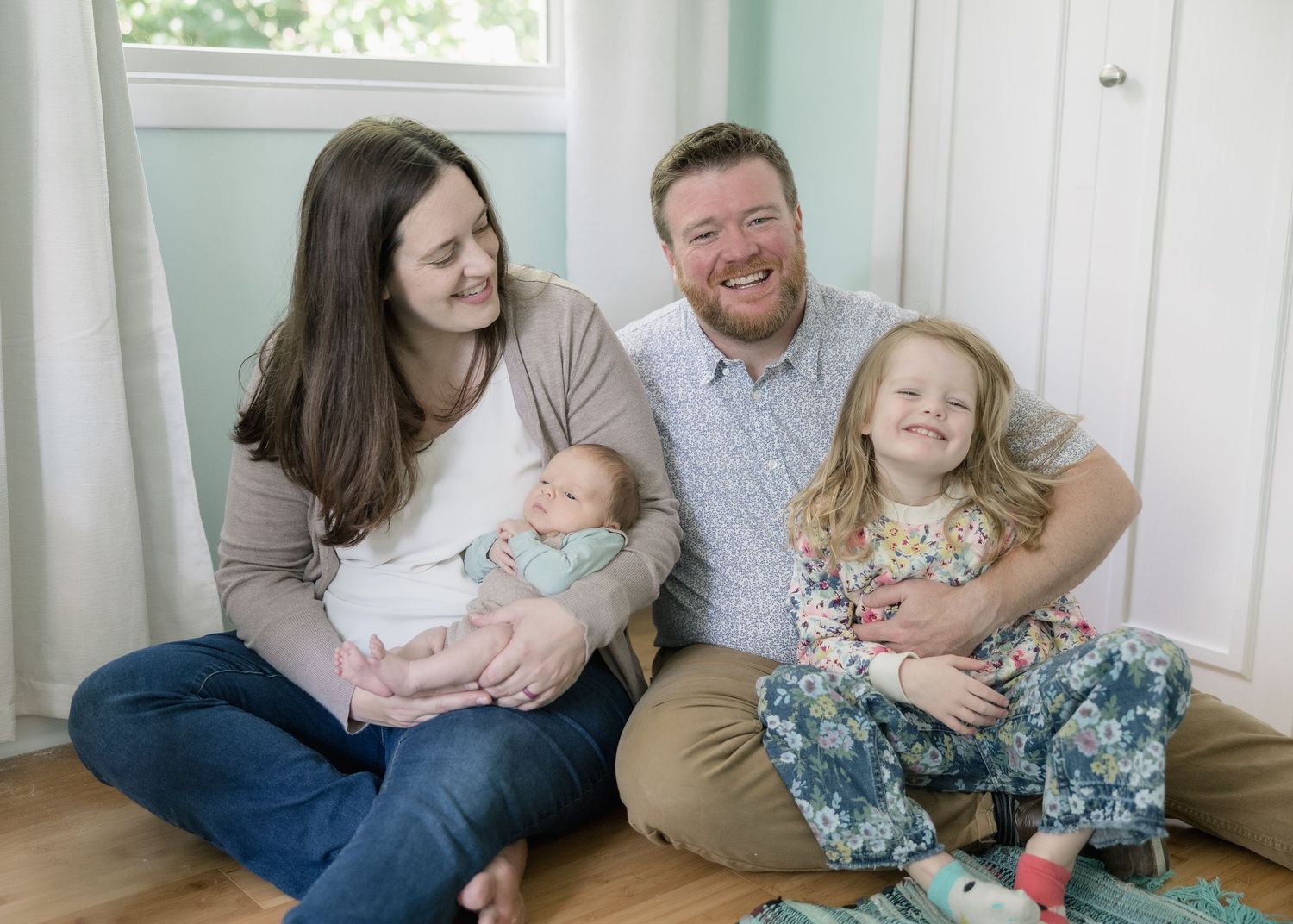 A series of candid family moments captured on a white couch showing casual interactions and laughter.