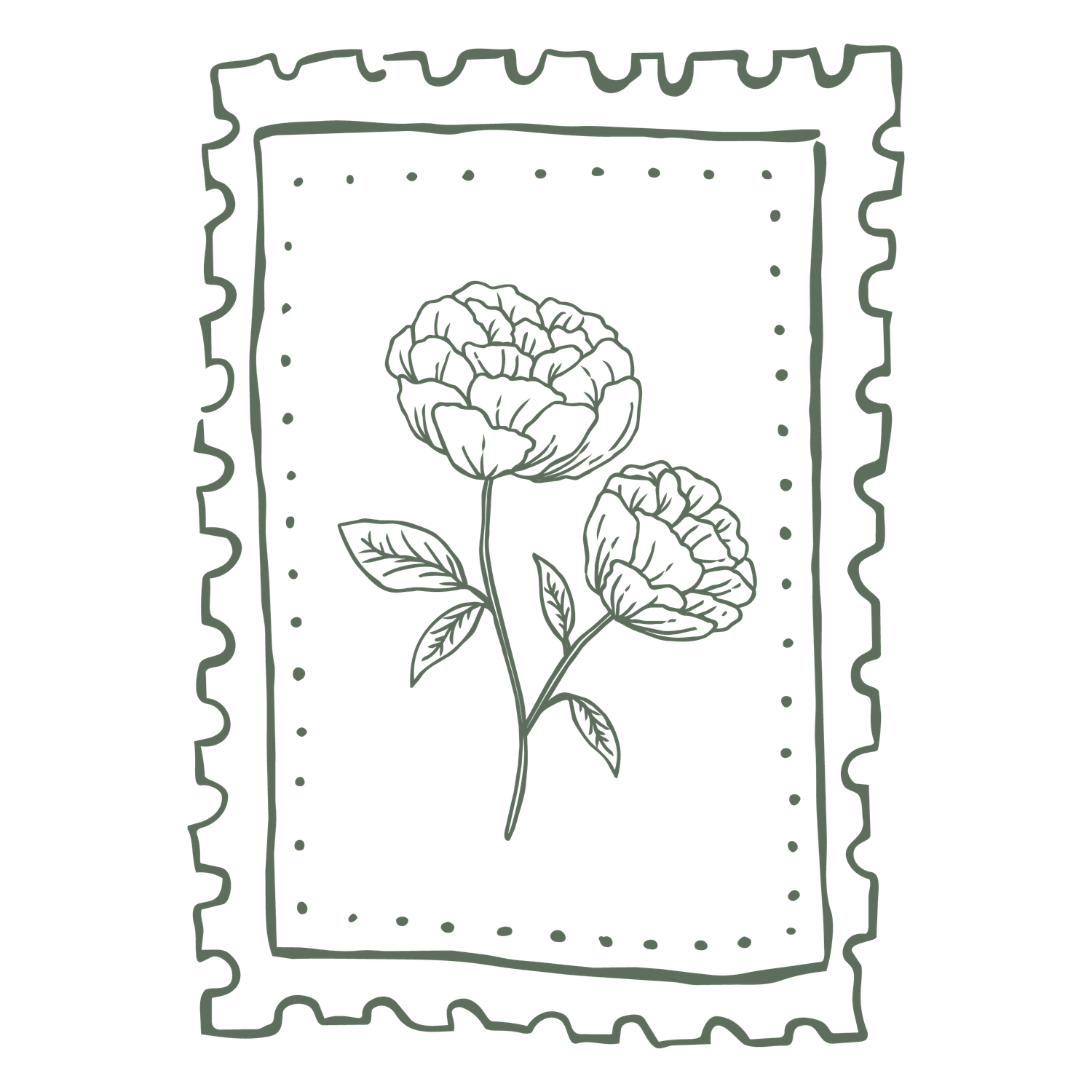 Green line art postage stamp illustration featuring two blooming peony flowers with leaves on white background.