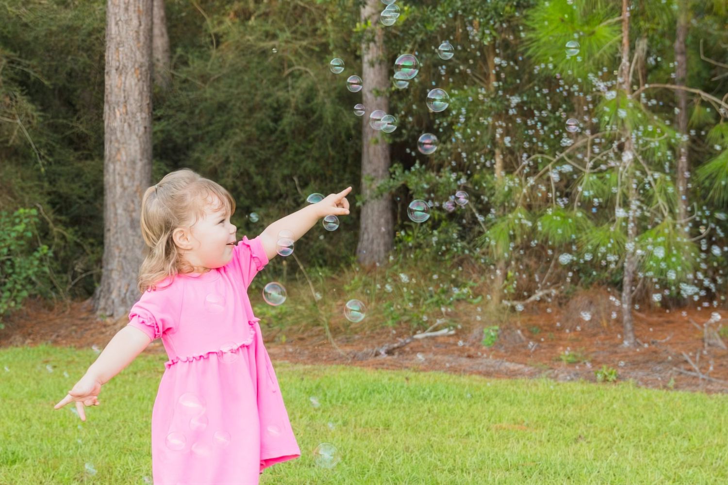 Toddler girl in pink dress reaching toward floating bubbles in a sunny green backyard with trees.