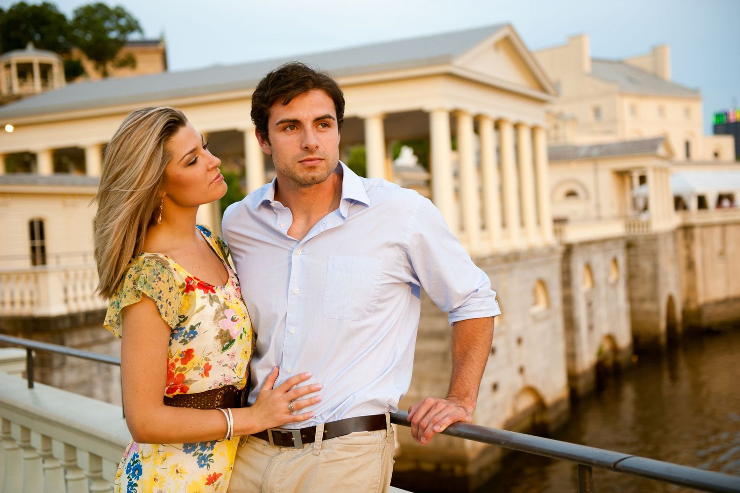 Couple during engagement session at the Philadelphia waterworks by the Philadelphia Museum of Art