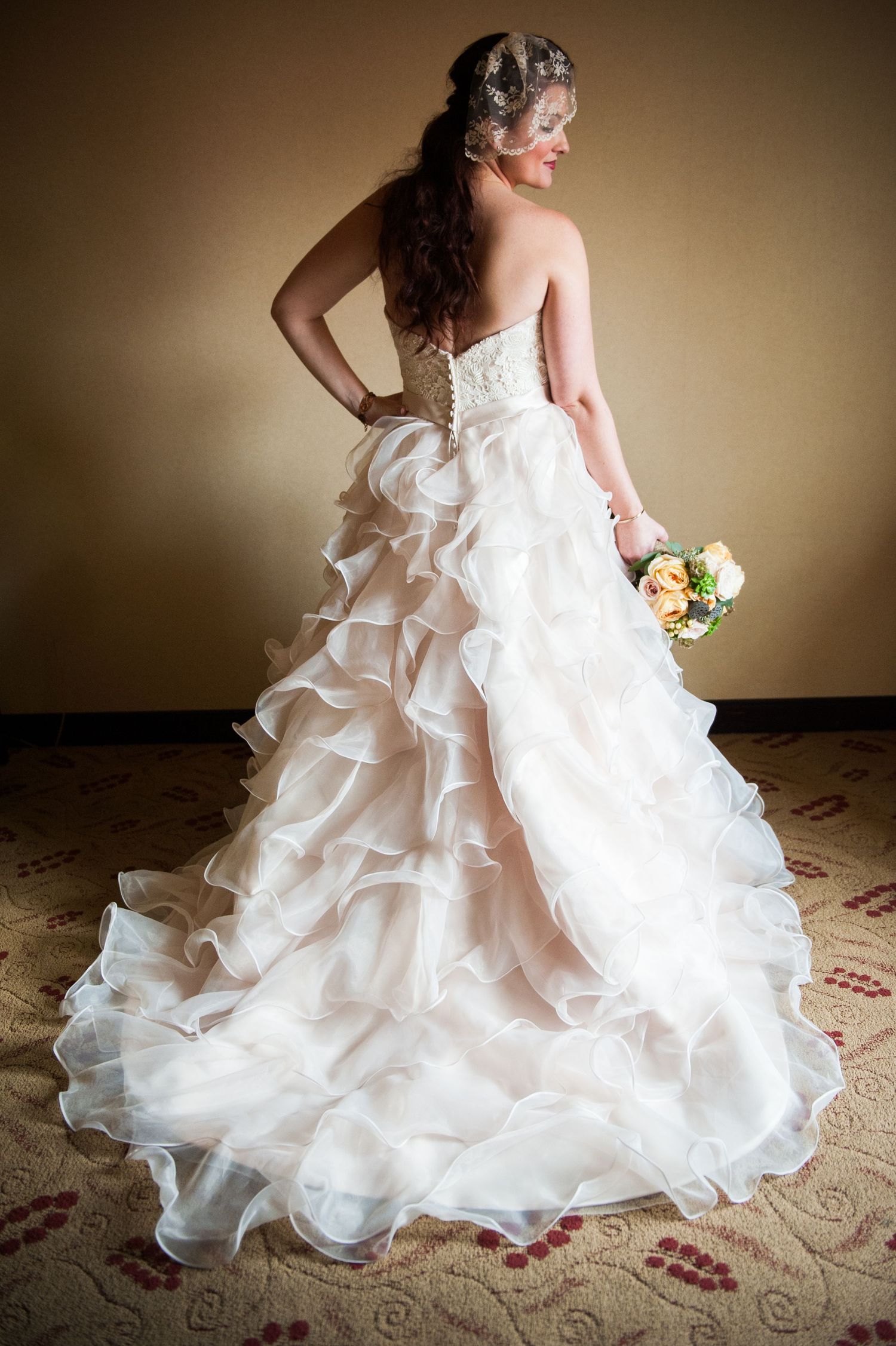 Back of bride's dress on wedding day.