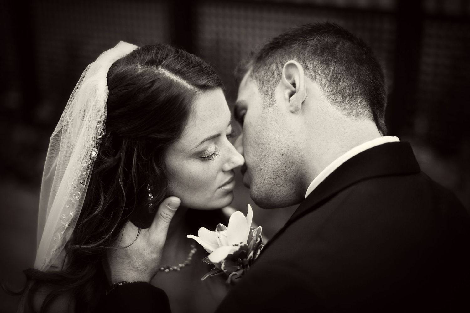 Artistic photo of couple kissing on their wedding day.