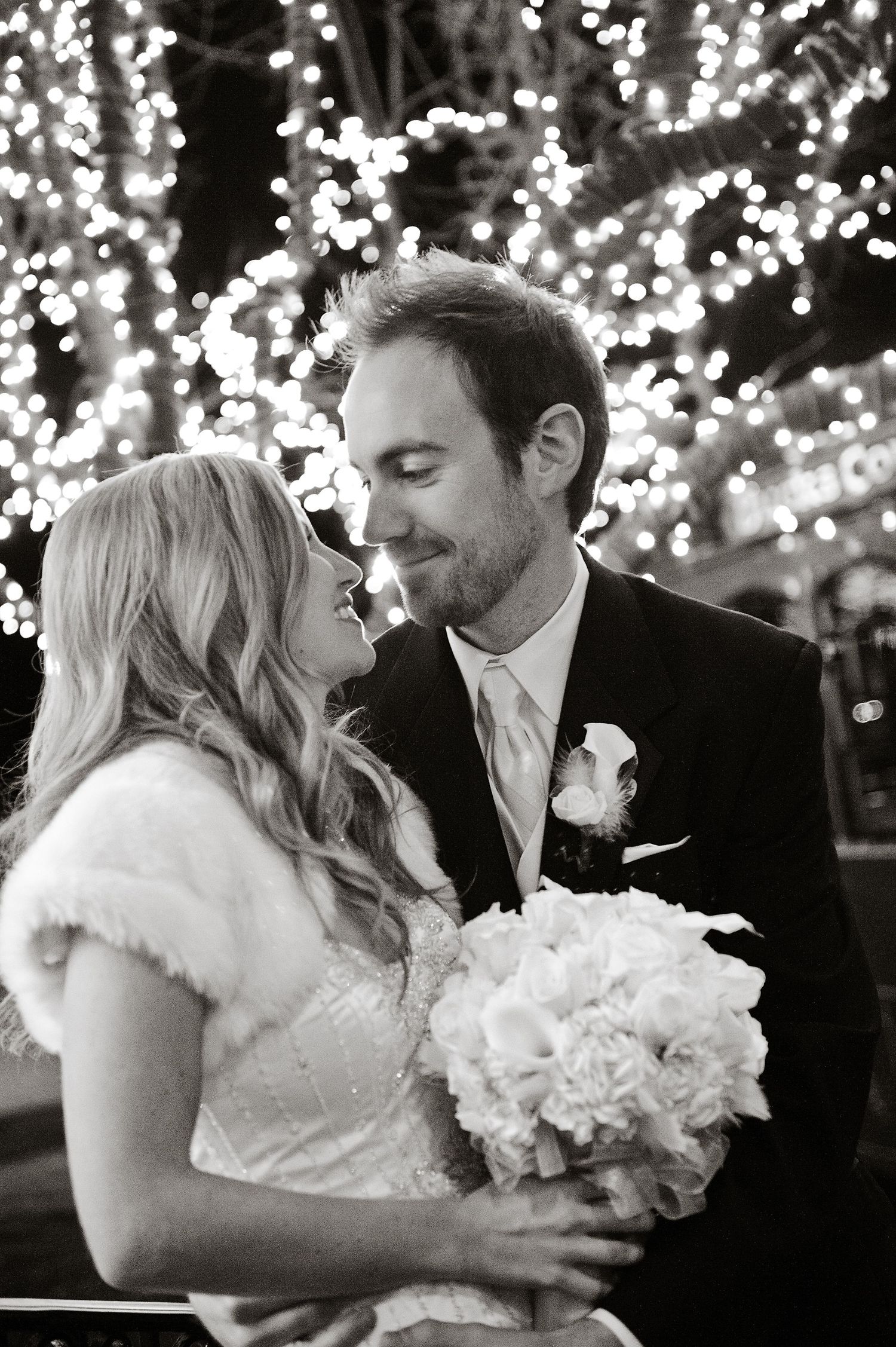 Nightime winter wedding photography in black and white