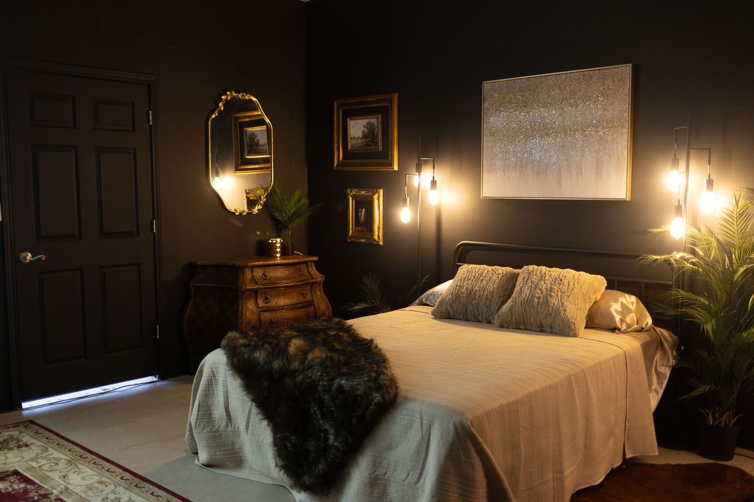 A series of dimly lit bedroom interior shots showing cozy beds with plush bedding and warm ambient lighting.