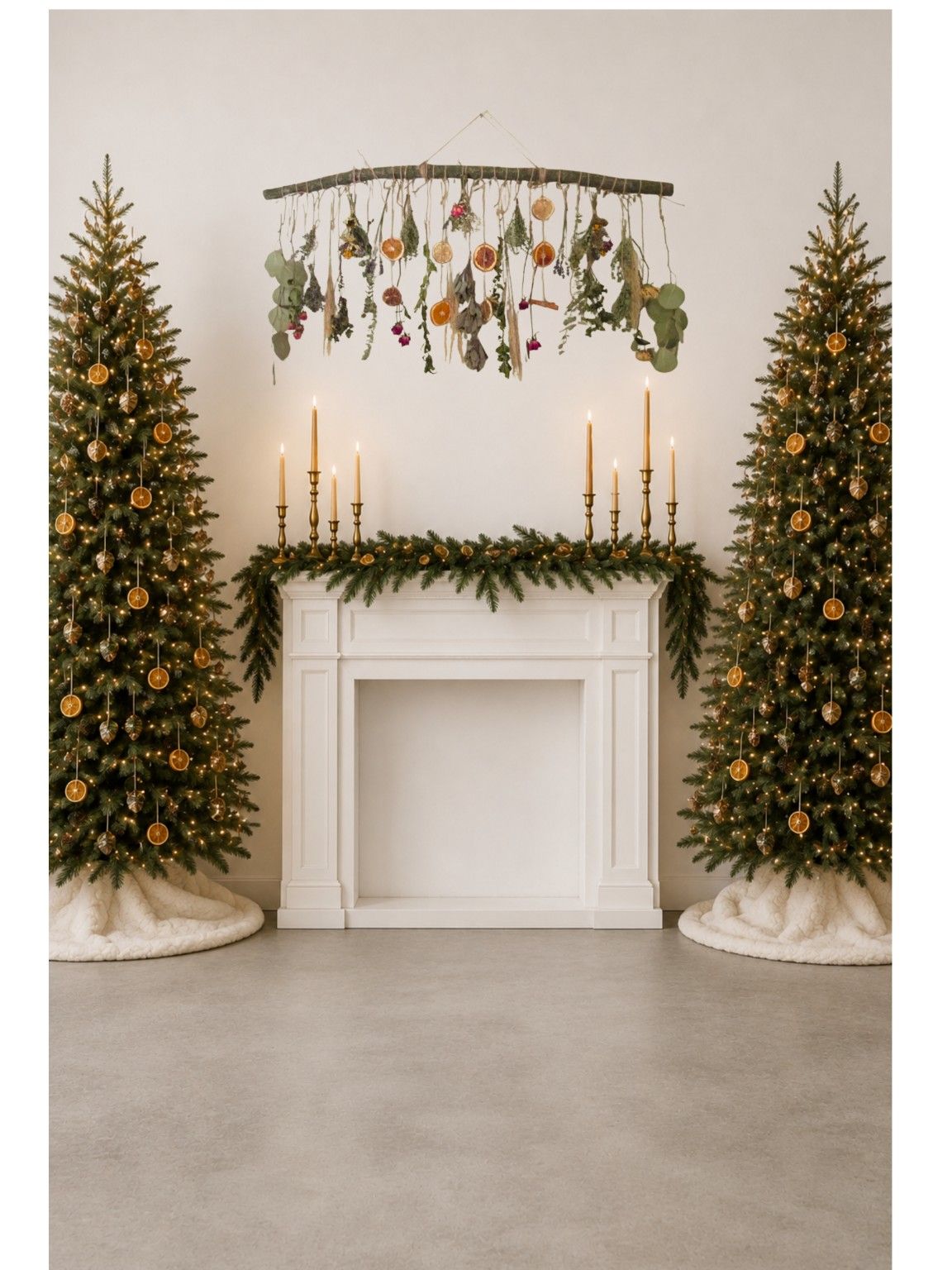 Elegant Christmas scene with two decorated trees flanking a white fireplace, candles, garland, and a botanical hanging mobile.