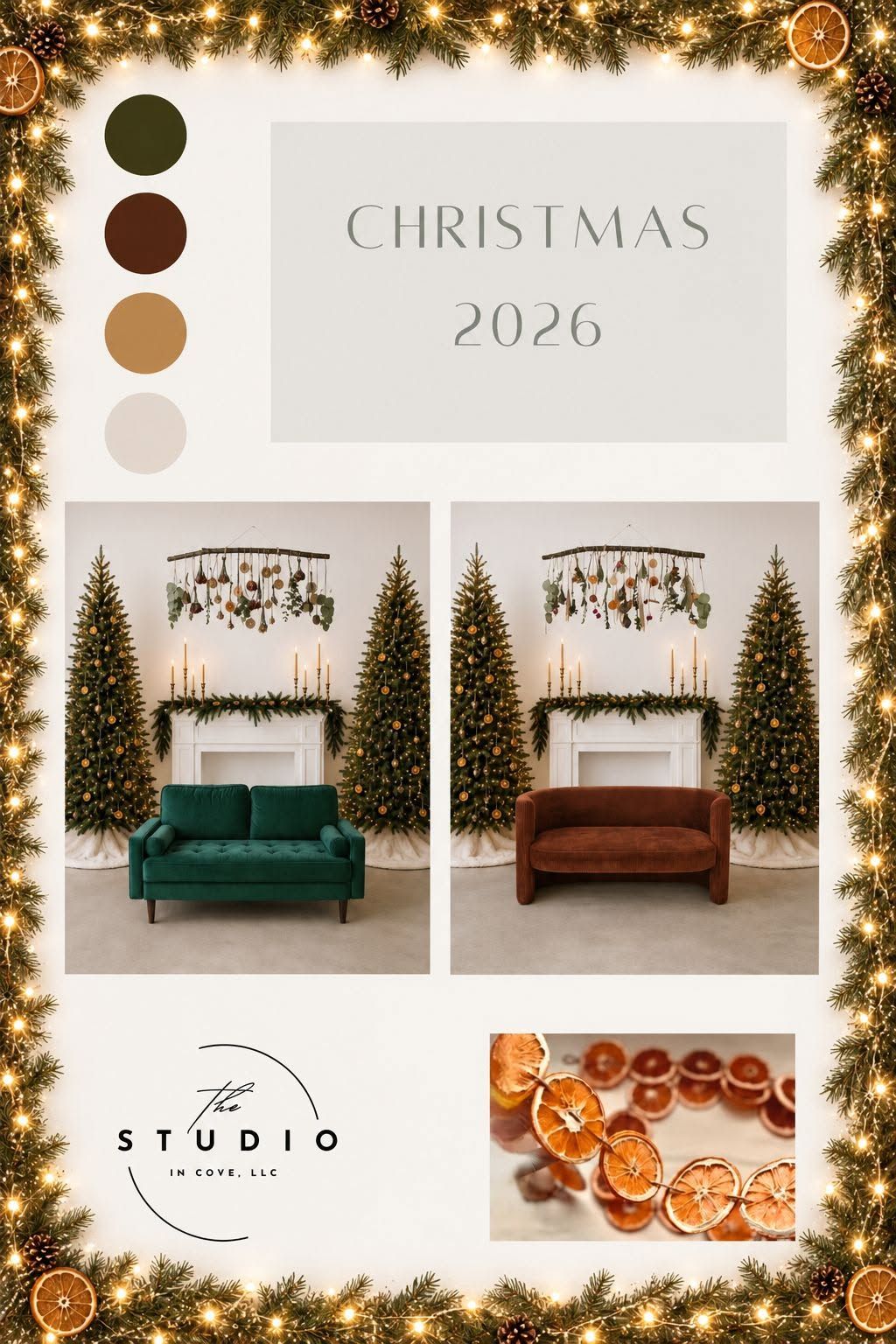 Christmas 2026 holiday photo studio setup with green and brown sofas, decorated trees, fireplace, and warm earthy color palette.
