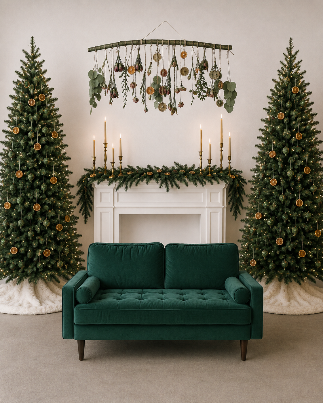 Green velvet tufted sofa flanked by Christmas trees beside a white fireplace with candles and dried orange garland.