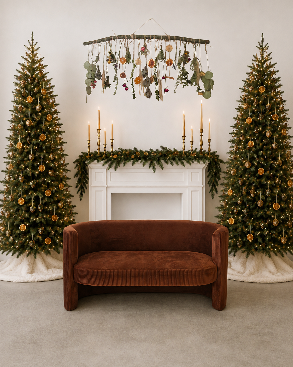 Brown velvet sofa between two tall Christmas trees flanking a white fireplace with garland and candles.