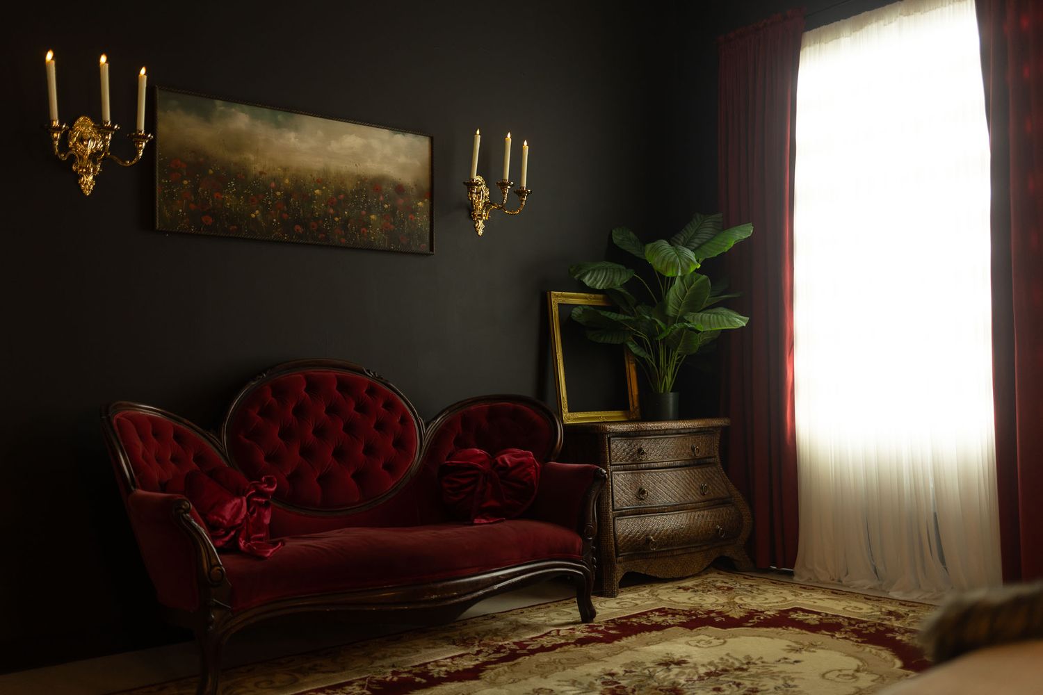 A dimly lit vintage room with red velvet furniture, ornate candle holders, and dramatic window lighting creates a moody atmosphere.