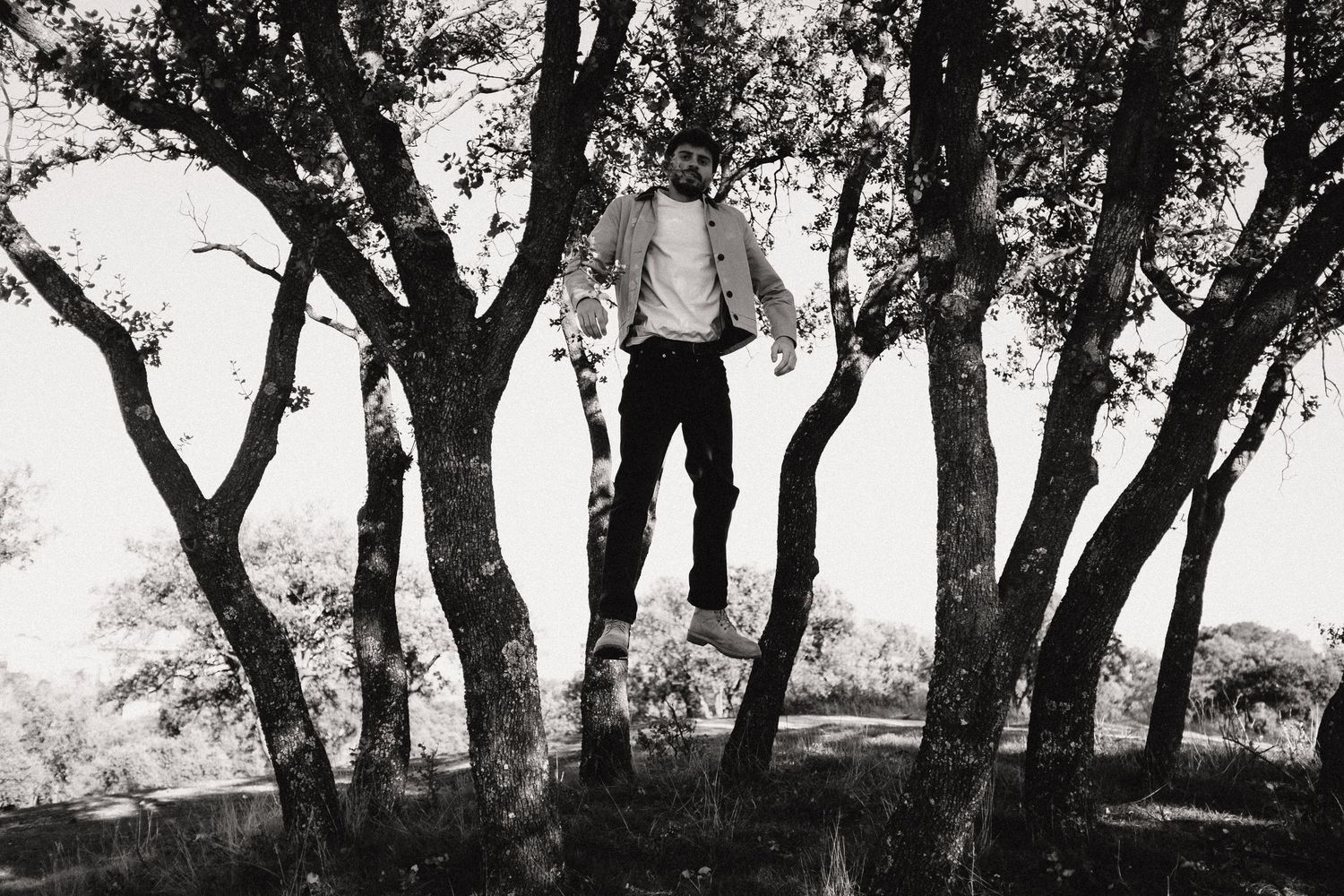 Black and white photo of a man levitating between trees in a forest.
