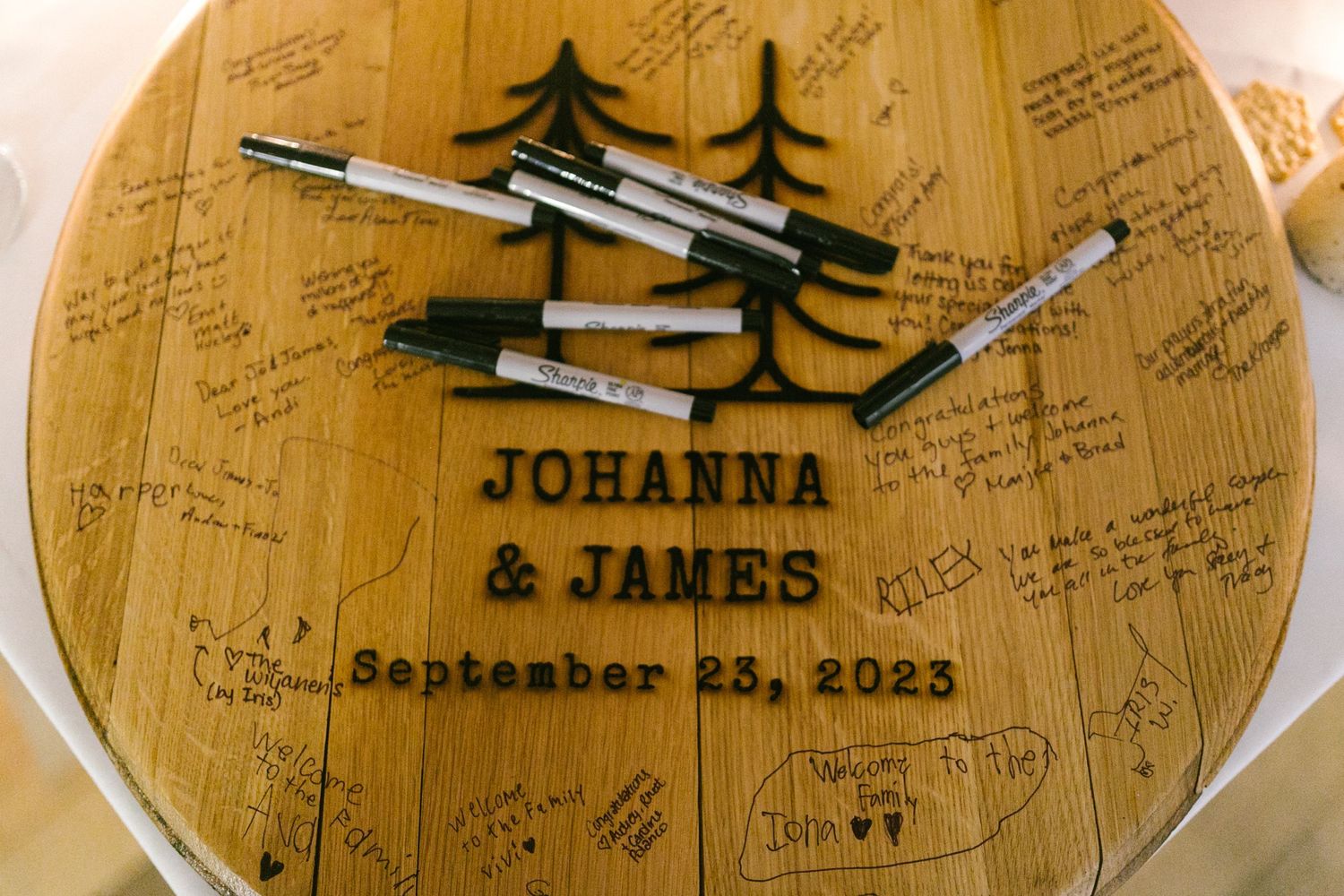 A wooden guest book sign with ski designs and signatures features names and date 'Johanna & James September 22, 2022'.