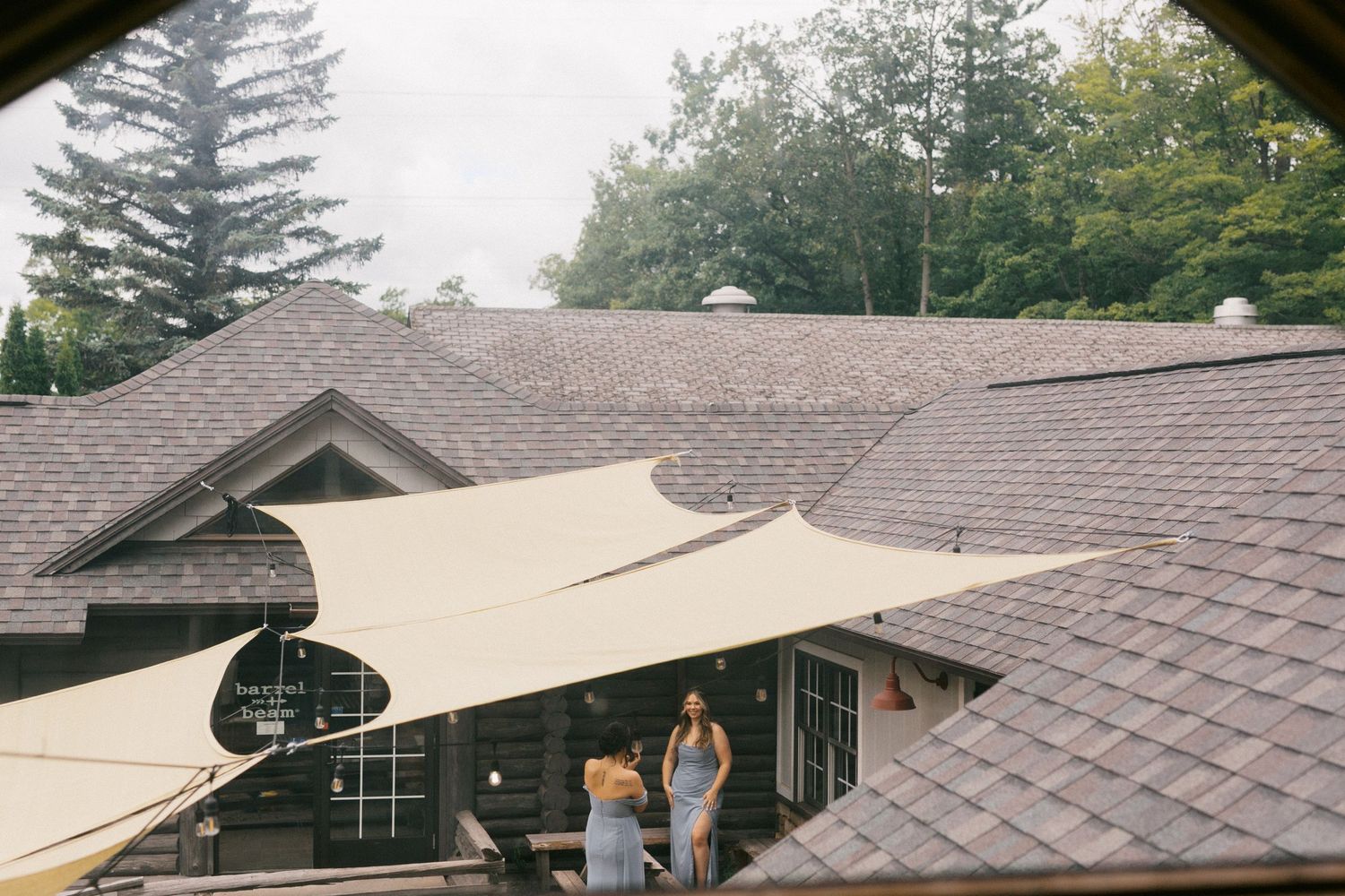 A series of six photos showing brown shingle roof tiles and pine trees in the background.