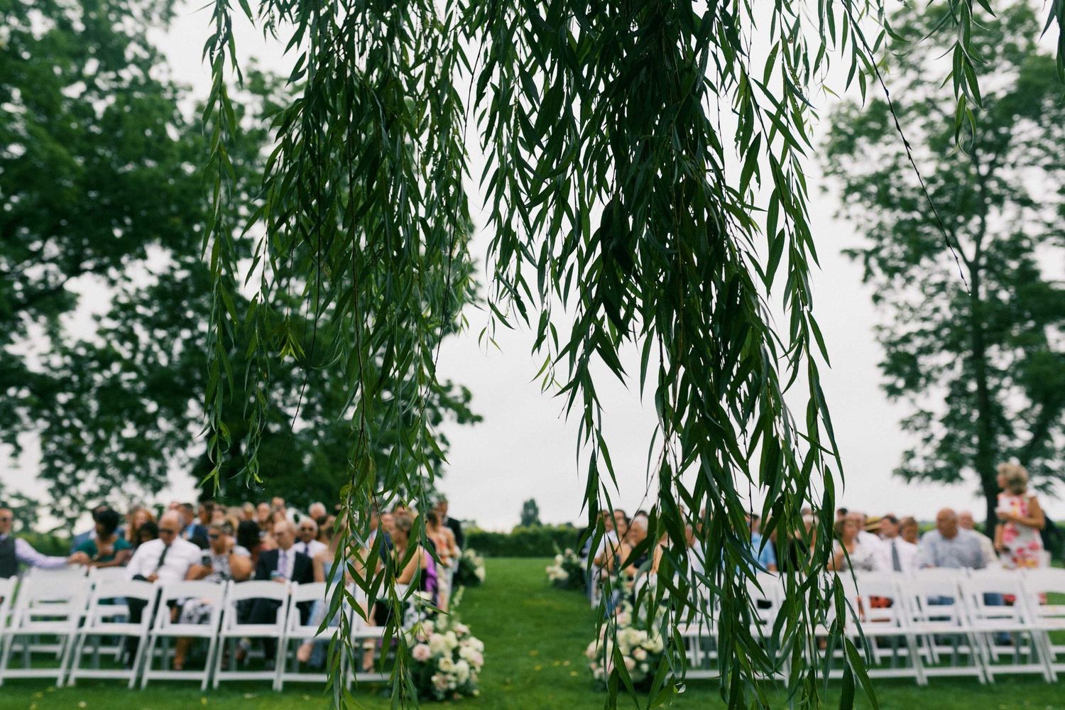 Weeping willow branches frame an elegant outdoor wedding ceremony setup with white chairs on a lush green lawn.
