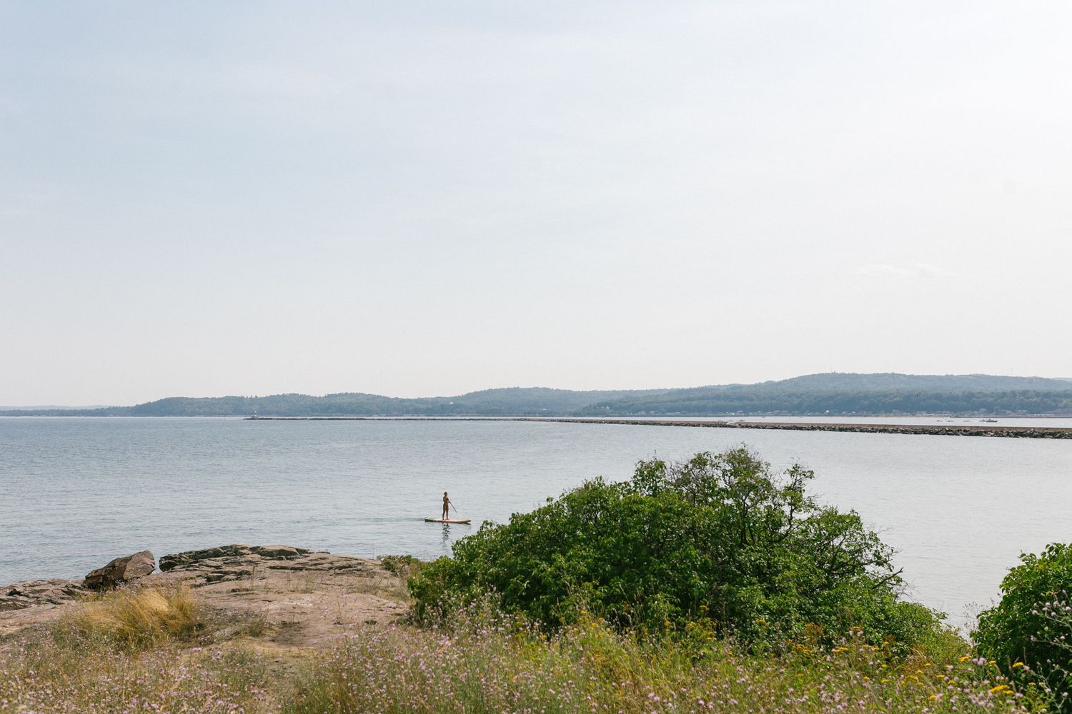 A panoramic coastal landscape with distant hills, rocky shores, and green vegetation along the waterfront.