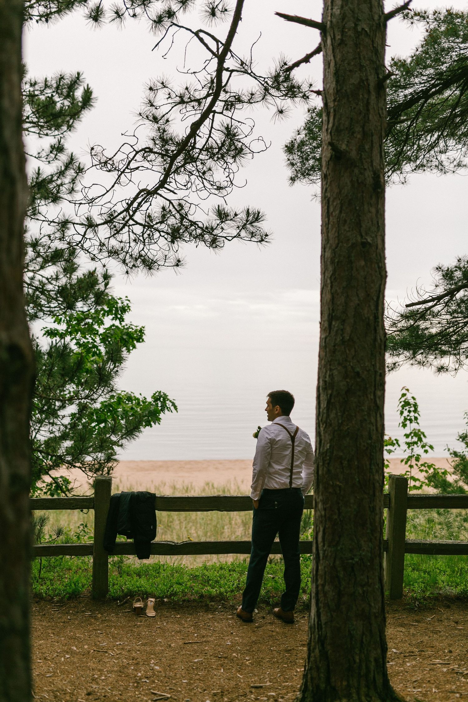 Someone stands alone at a wooden fence overlook surrounded by tall pine trees on a misty day.