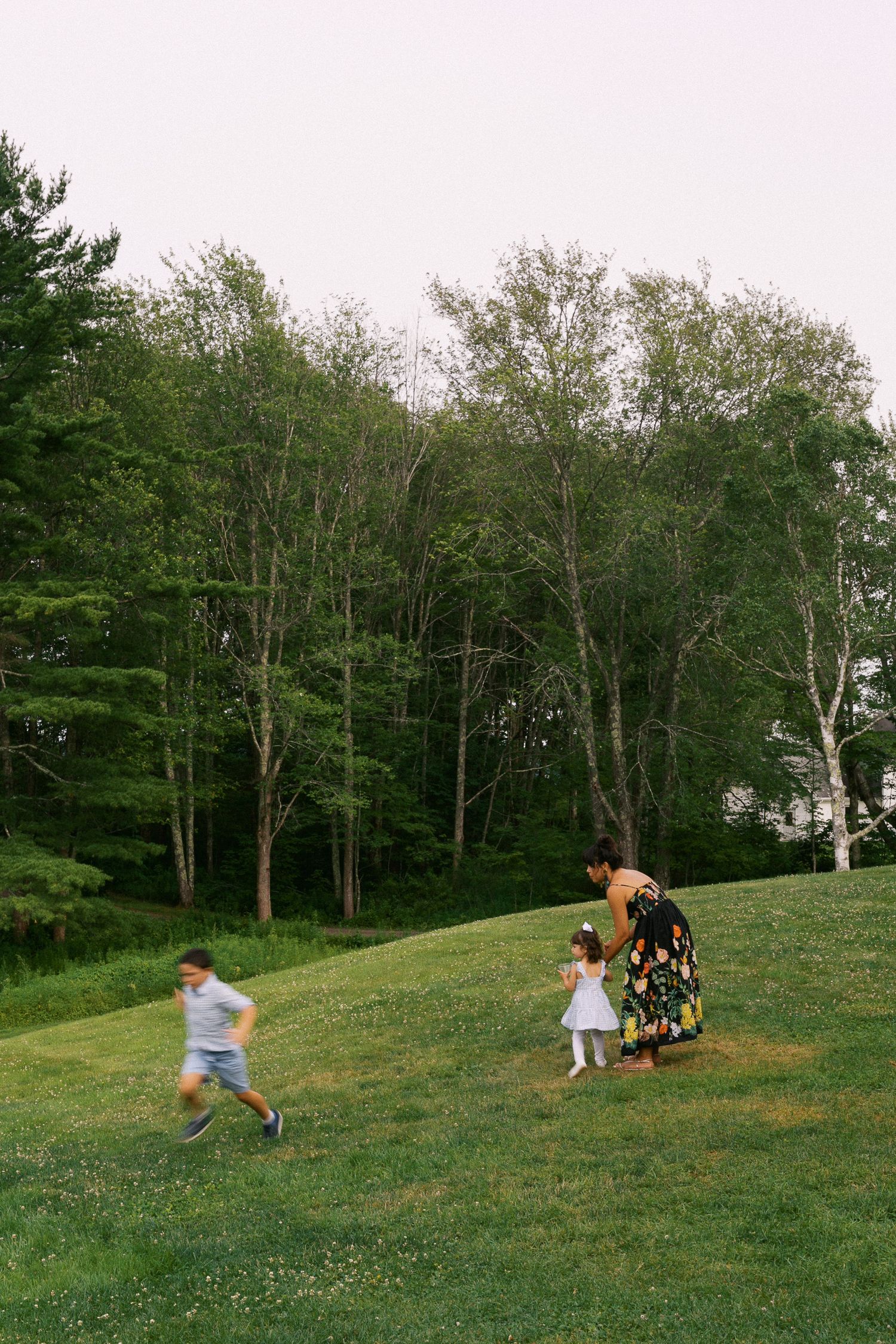 A woman in a floral dress plays with two young children on a lush green lawn surrounded by tall trees.