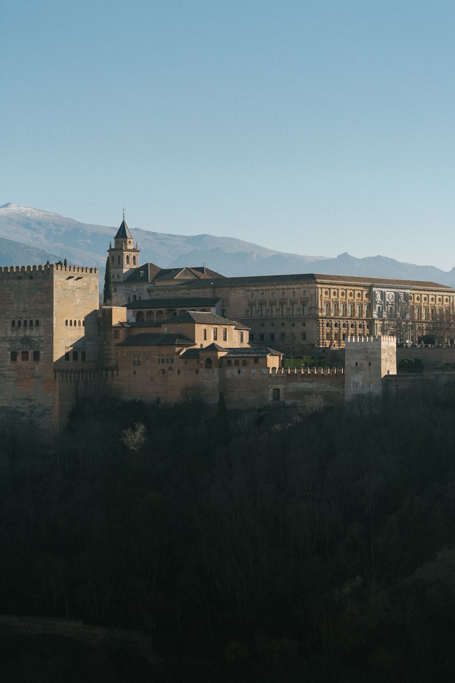 The Alhambra fortress and palace complex in Granada illuminated by golden afternoon light.