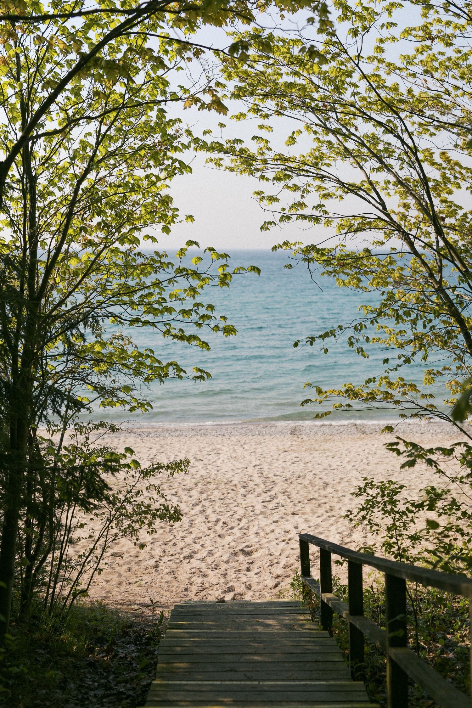Scenic beach pathway with wooden stairs leading down to sandy shores and turquoise waters.