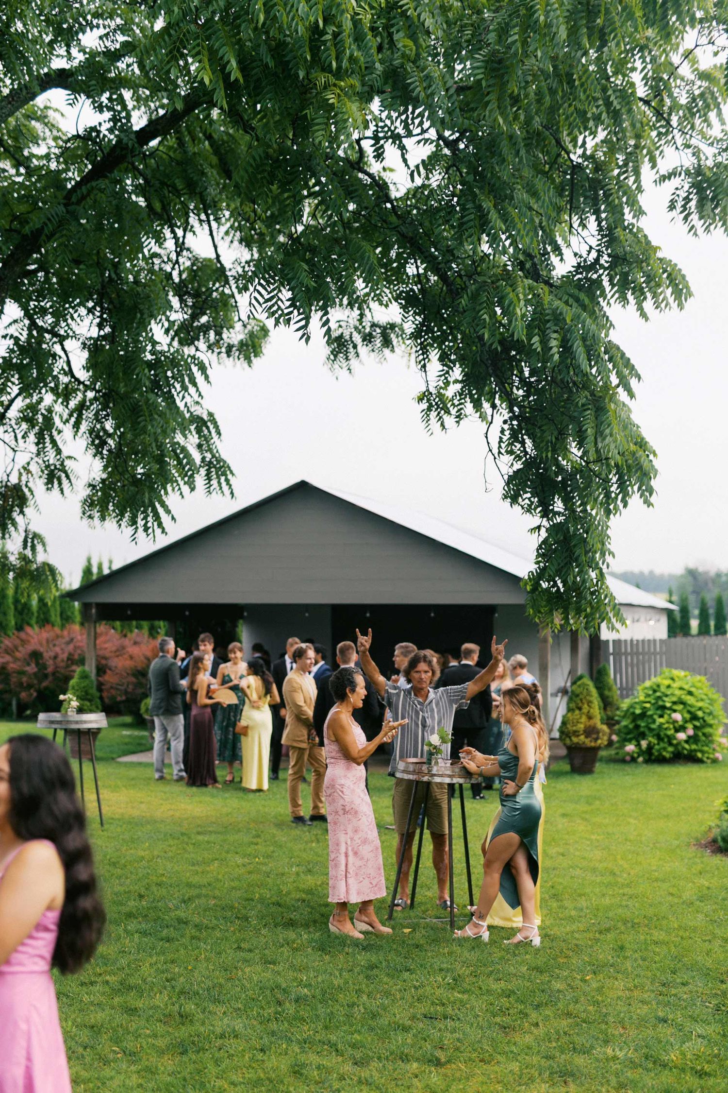 Group of wedding guests enjoying an outdoor celebration on a grassy lawn under overhanging tree branches.