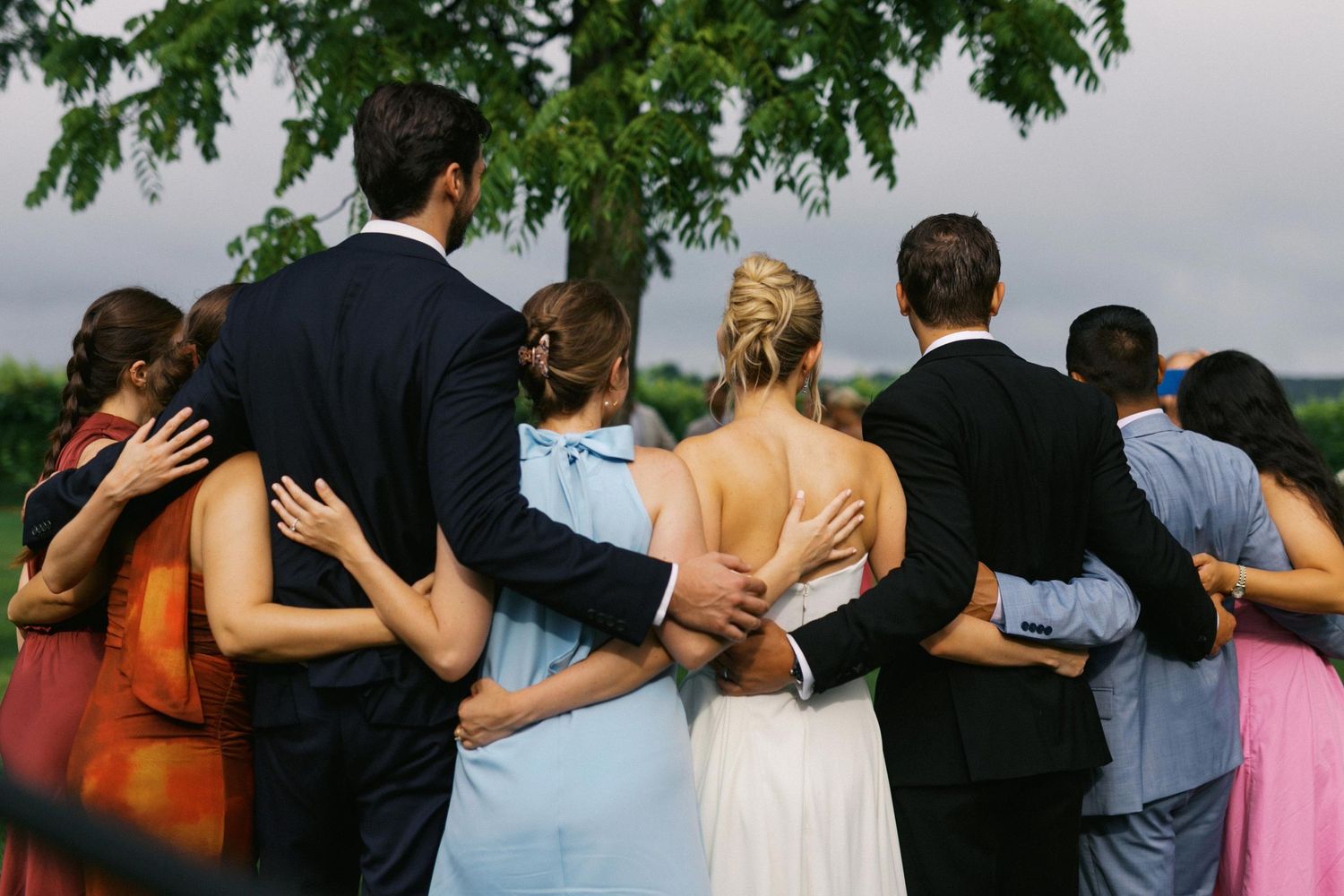 A group of people stand together with their backs to the camera, looking out at a scenic view outdoors.