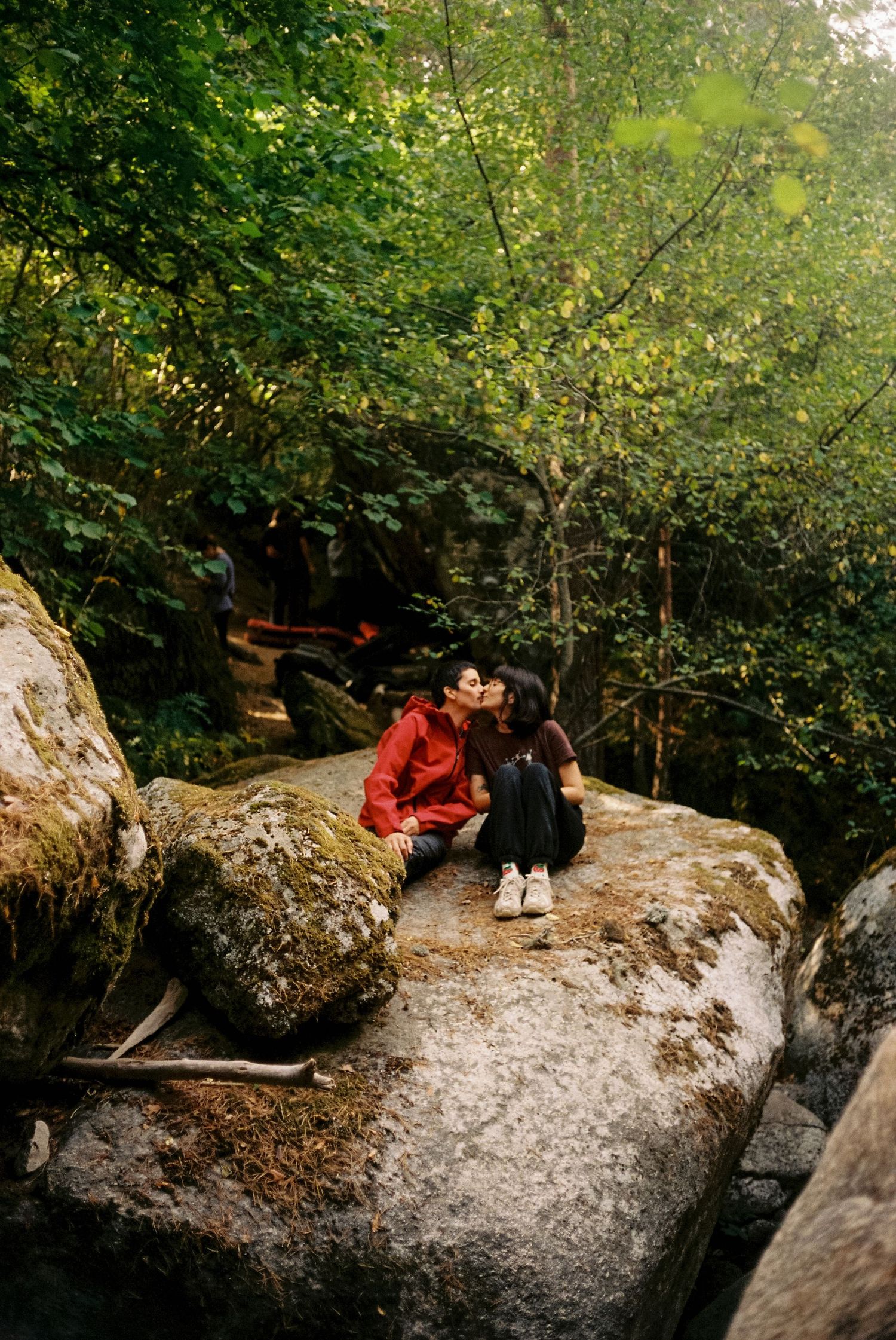 Couple sharing a kiss while sitting on mossy rocks surrounded by lush green forest trees.