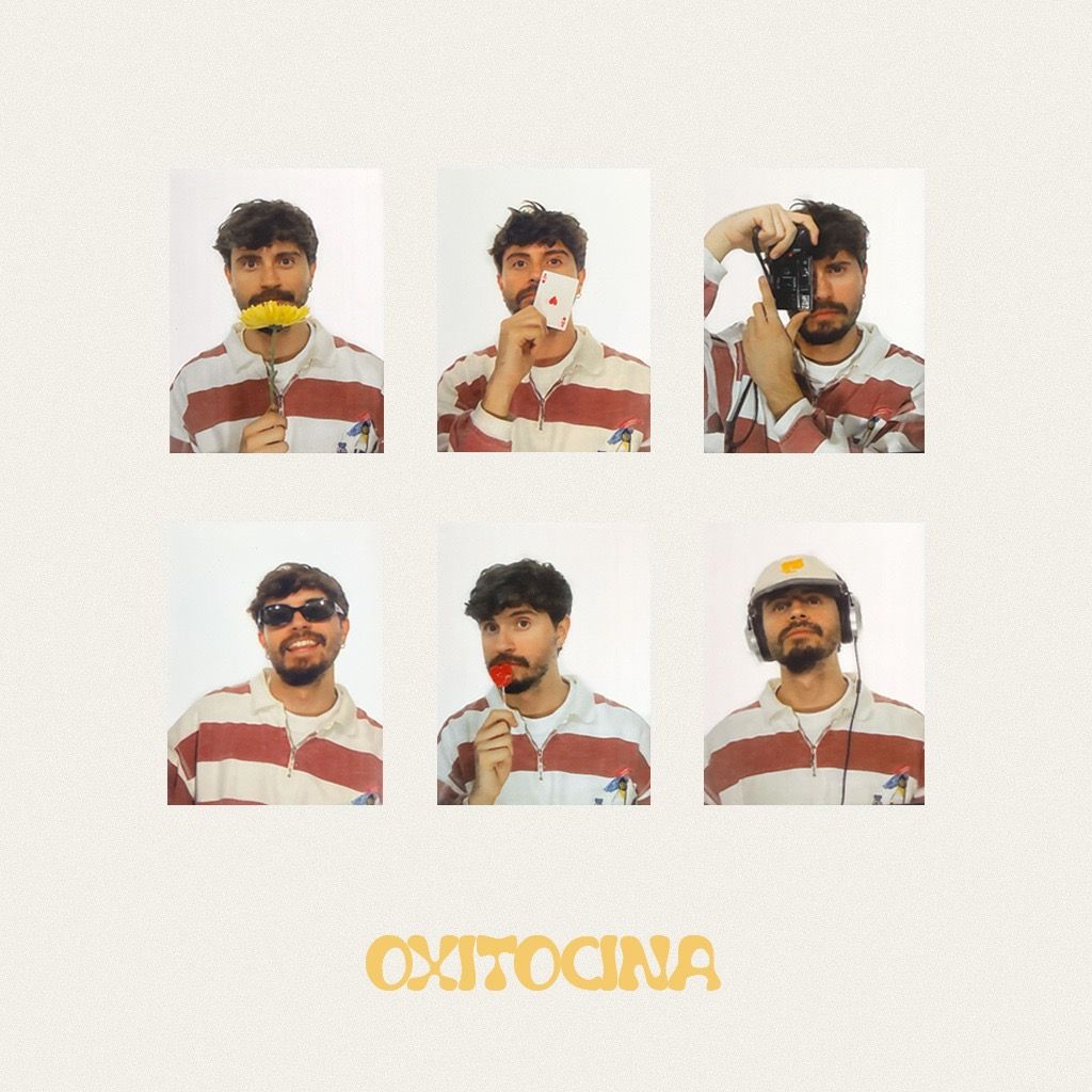 Oxitocina album cover featuring six fun portrait shots of the same man in a grid layout.