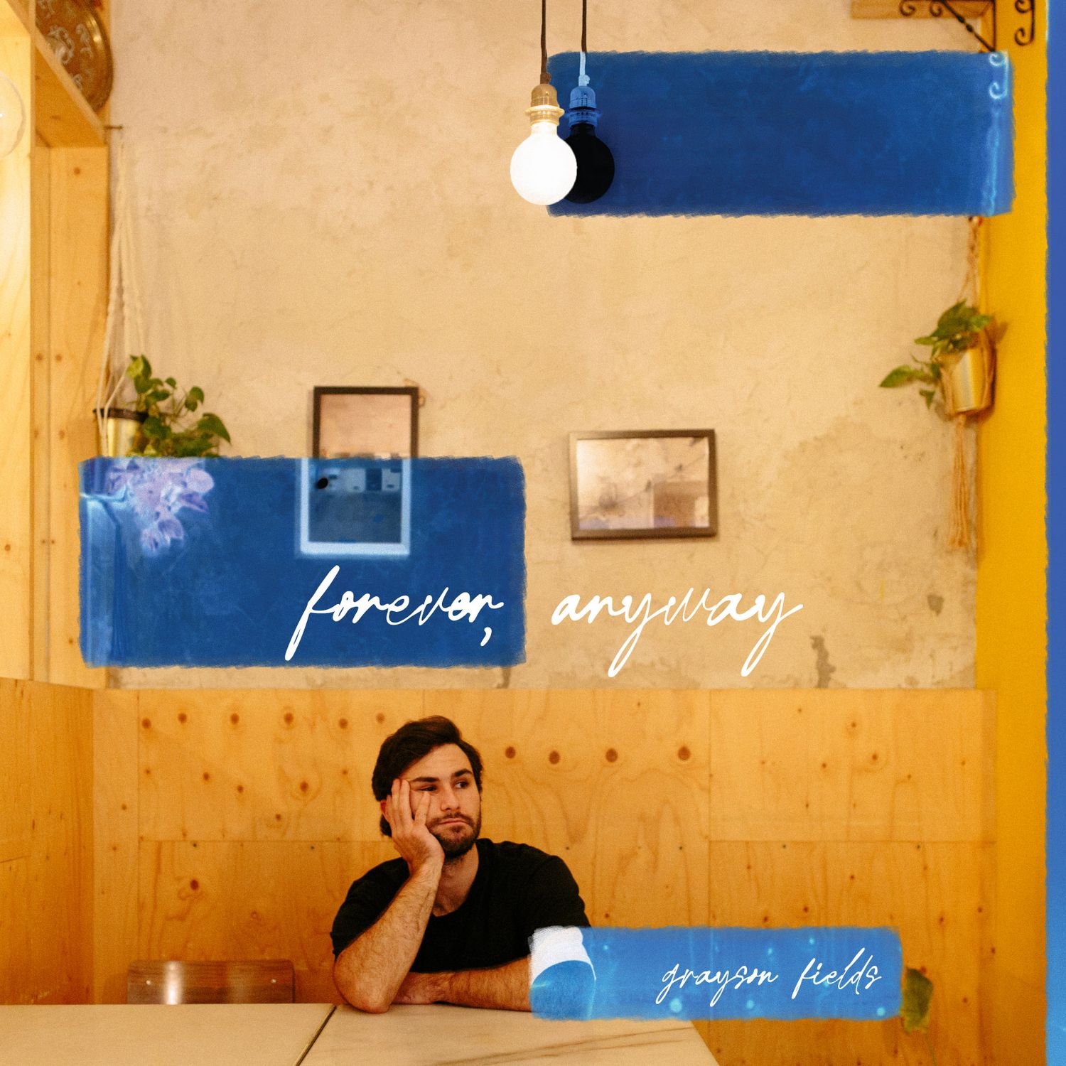 Album cover for forever anyway by Grayson Fields featuring artist seated in a cozy cafe.