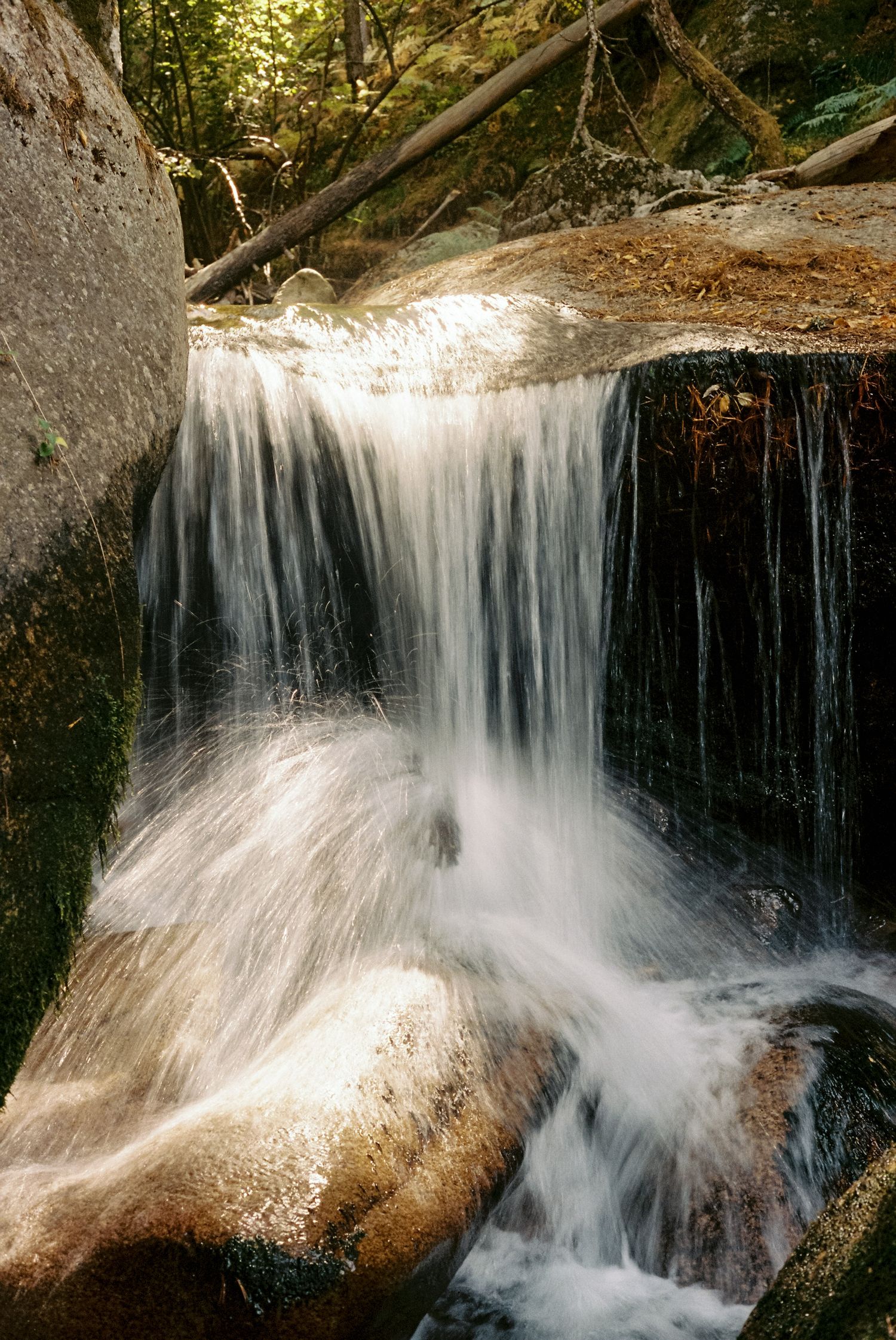 Silky waterfall cascading over mossy rocks in a sunlit forest with long exposure photography.