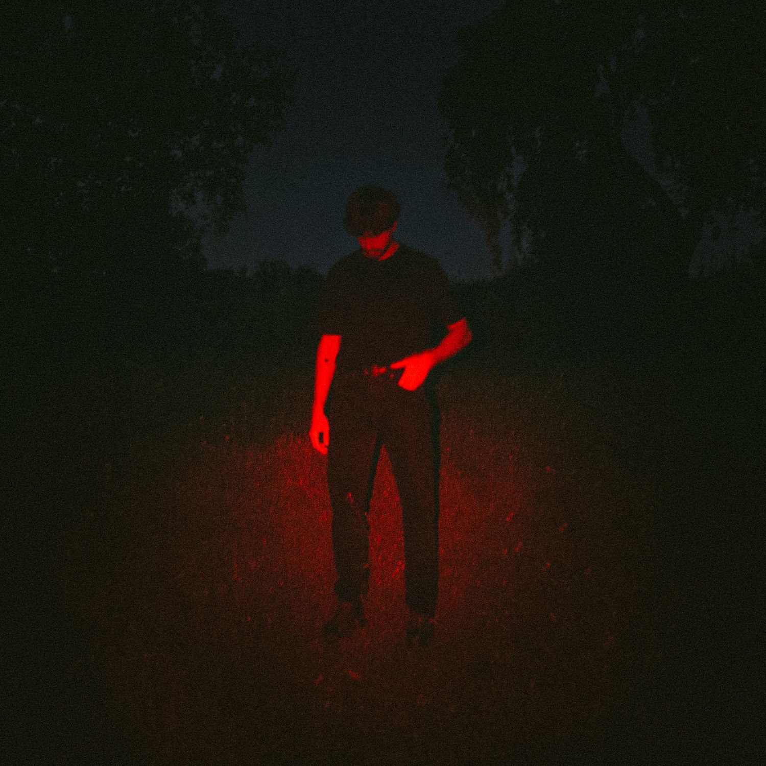 A lone figure walks through a dark field bathed in an eerie red glow at night.